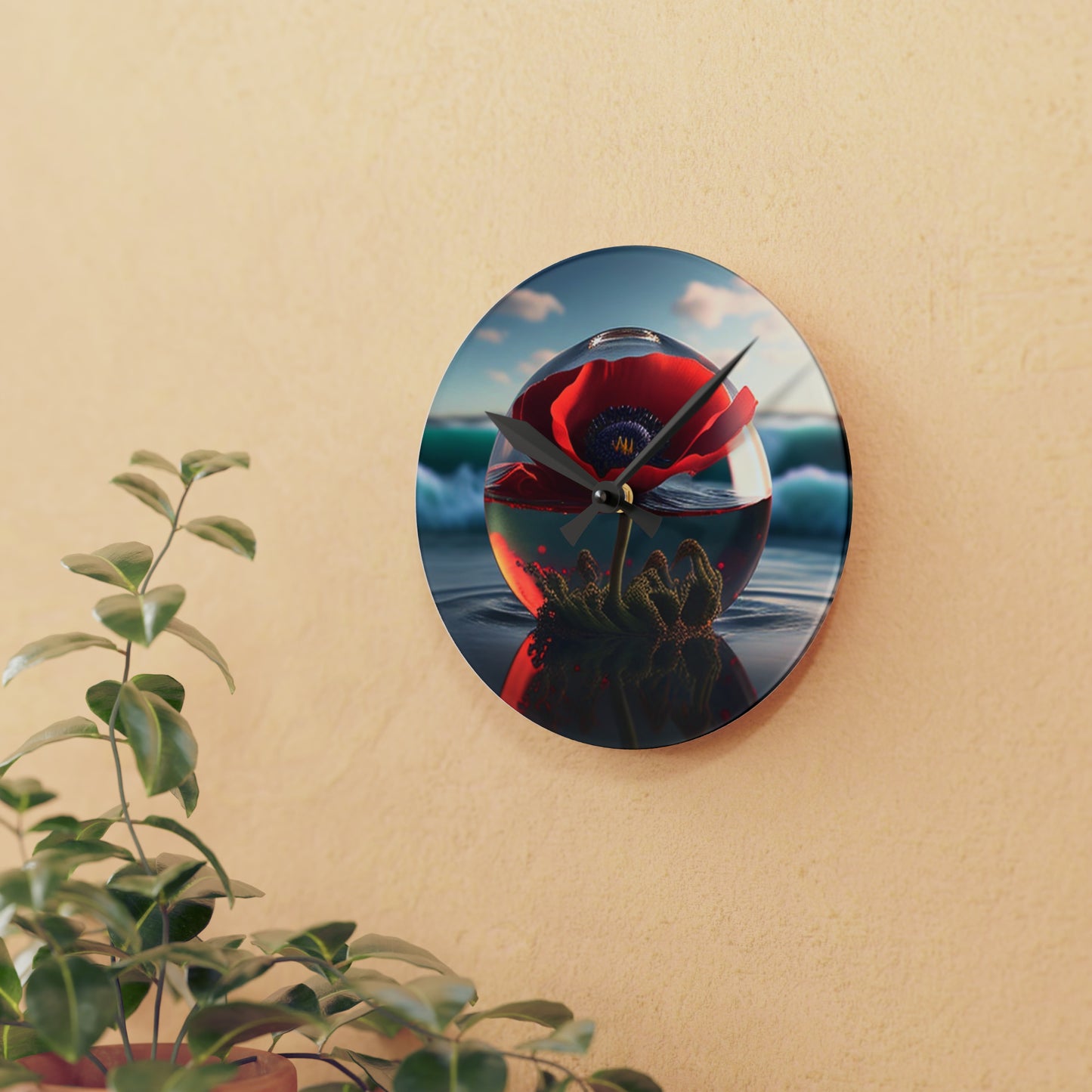 Acrylic Wall Clock Red Anemone in a Vase 4