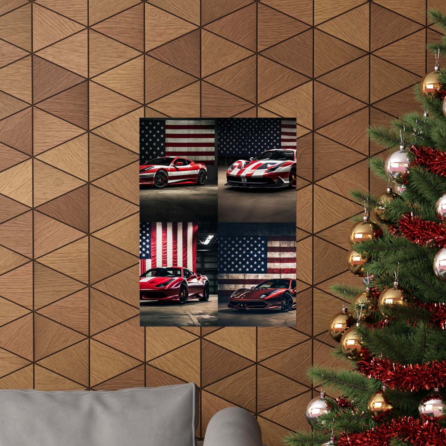 Premium Matte Vertical Posters American Flag Background Ferrari 5