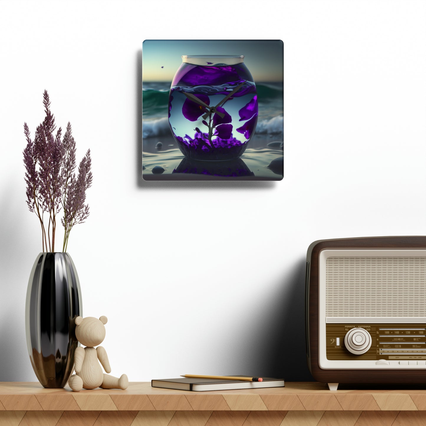 Acrylic Wall Clock Purple Sweet pea in a vase 4