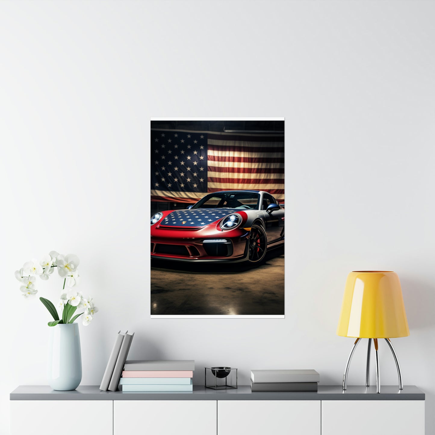 Premium Matte Vertical Posters American Flag Background Porsche 1