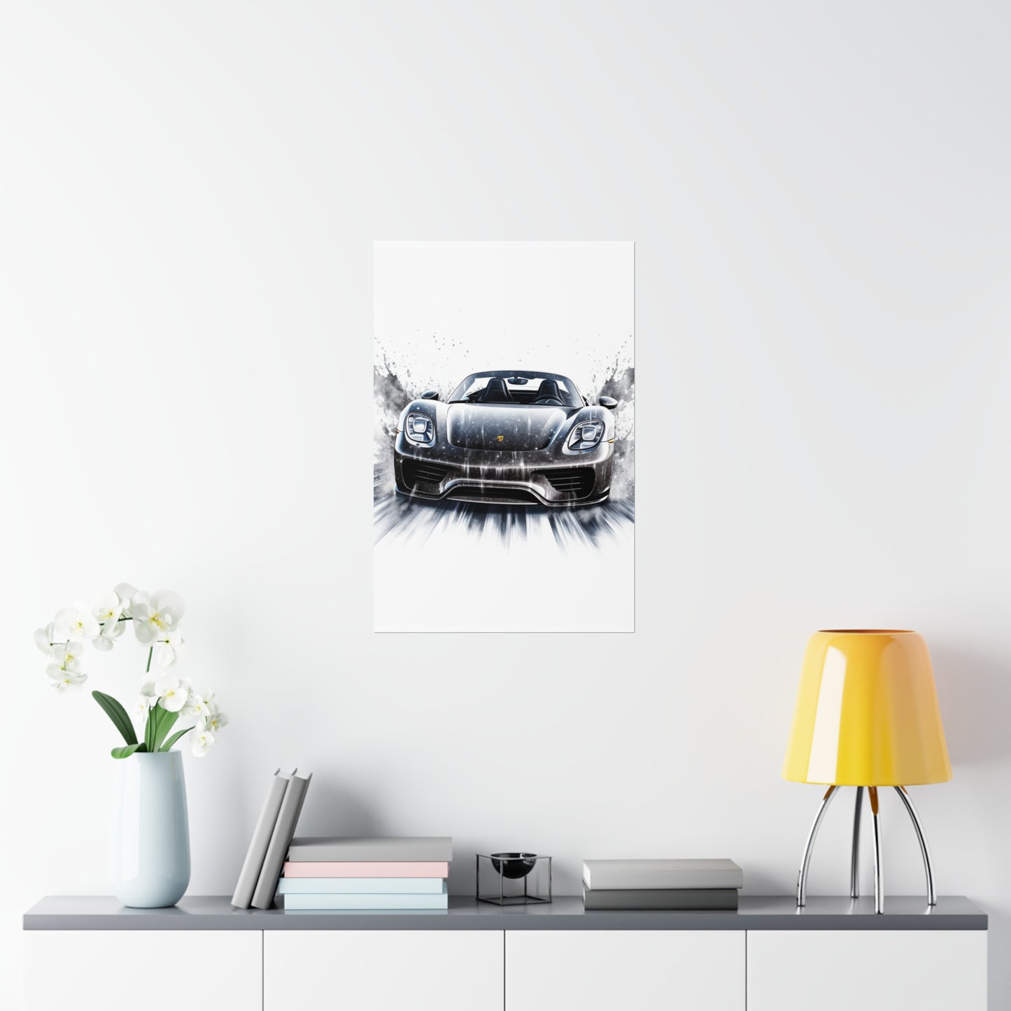 Premium Matte Vertical Posters 918 Spyder white background driving fast with water splashing 3