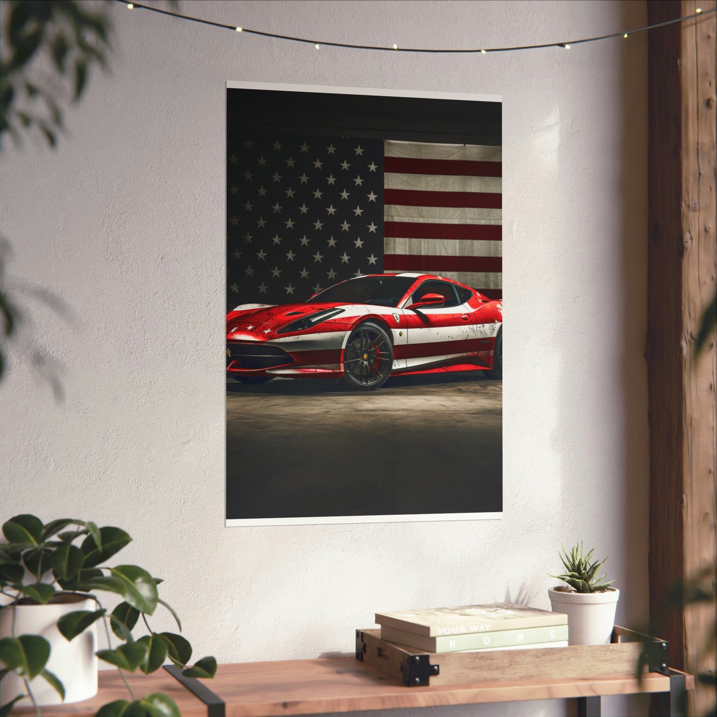 Premium Matte Vertical Posters American Flag Background Ferrari 1