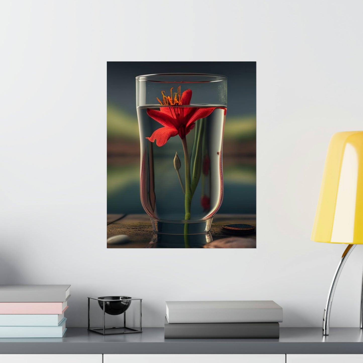 Premium Matte Vertical Posters Red Lily in a Glass vase 1