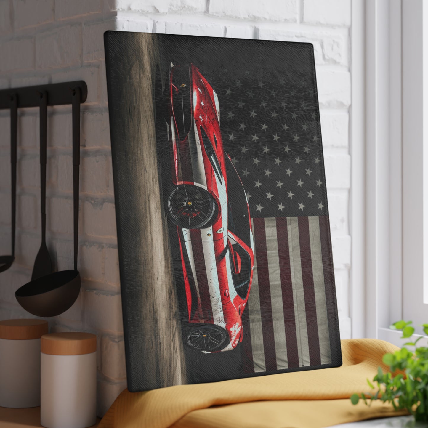 Glass Cutting Board American Flag Background Ferrari 1