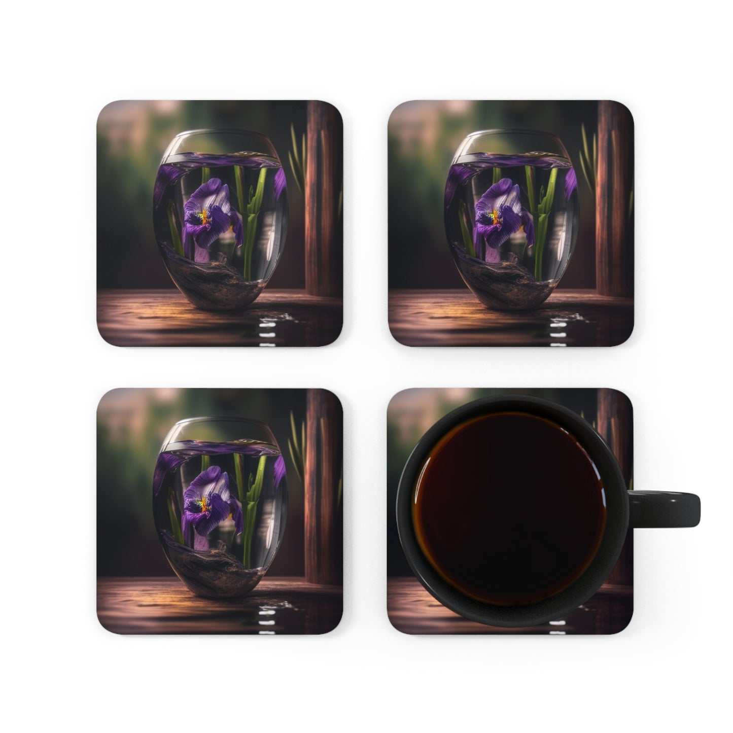 Corkwood Coaster Set Purple Iris in a vase 4