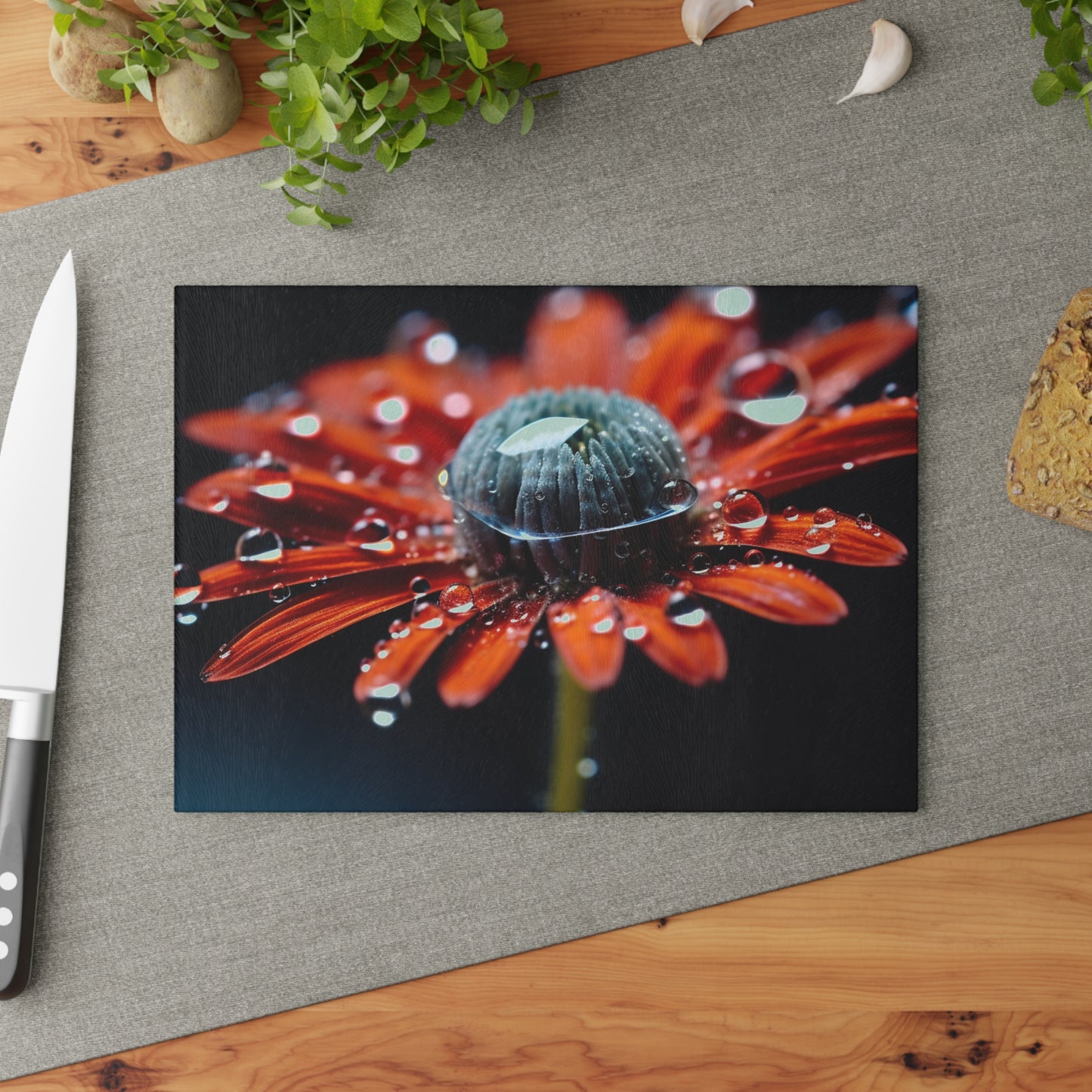 Glass Cutting Board Water drop Macro Flower 1