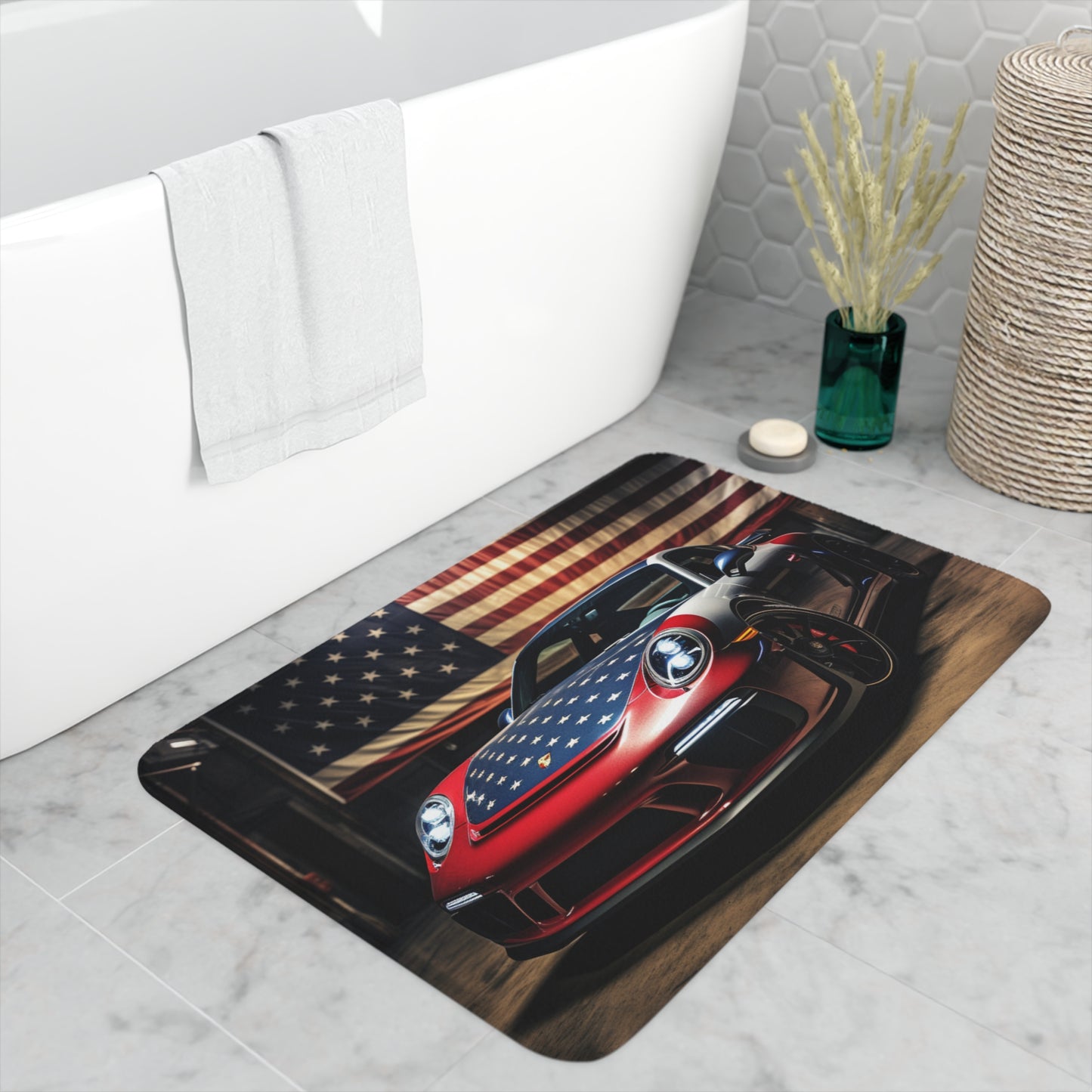 Memory Foam Bath Mat American Flag Background Porsche 1