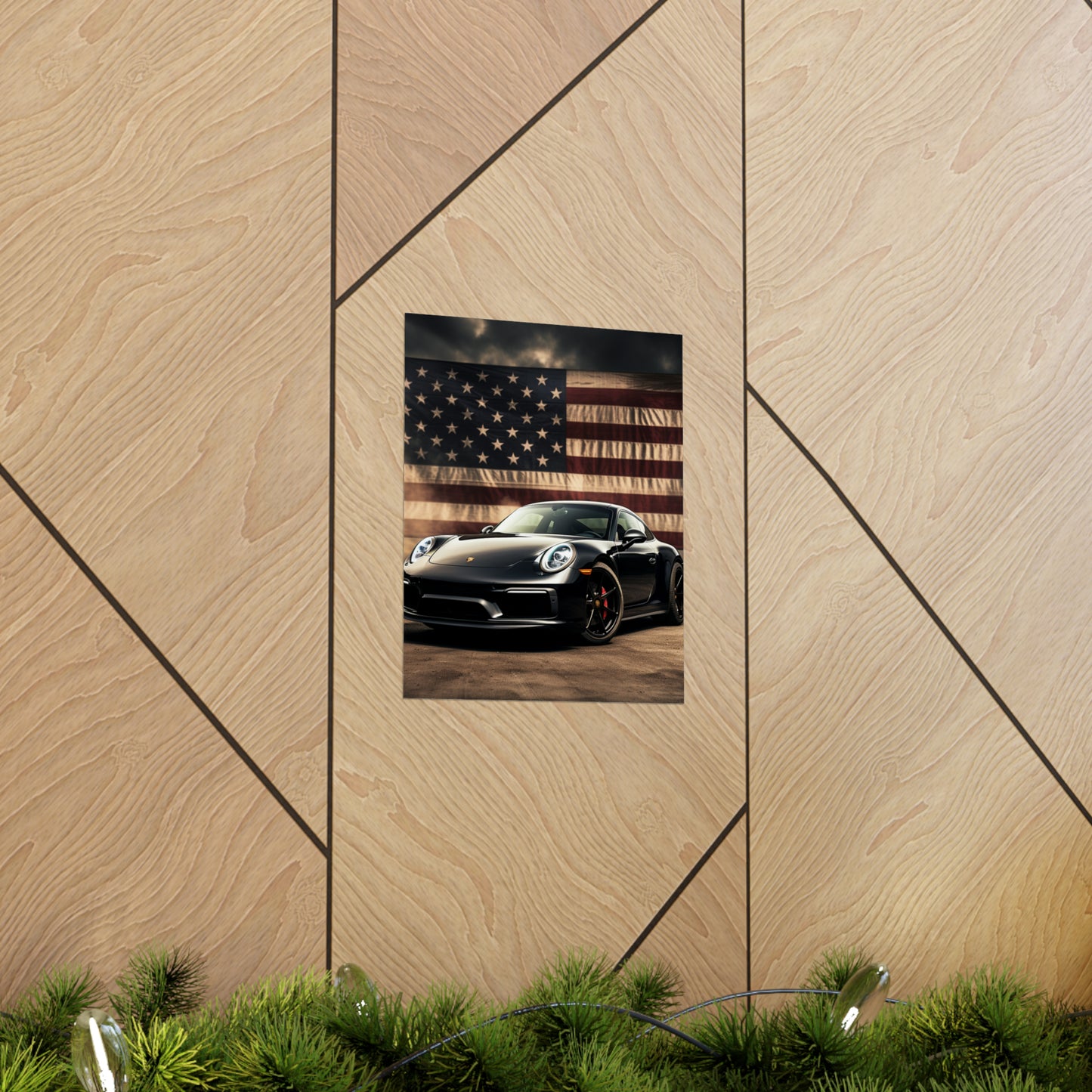 Premium Matte Vertical Posters American Flag Background Porsche 4