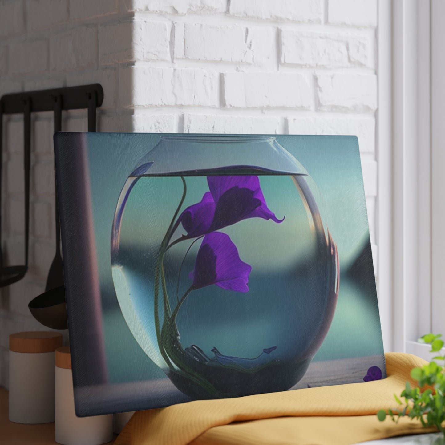 Glass Cutting Board Purple Sweet pea in a vase 2