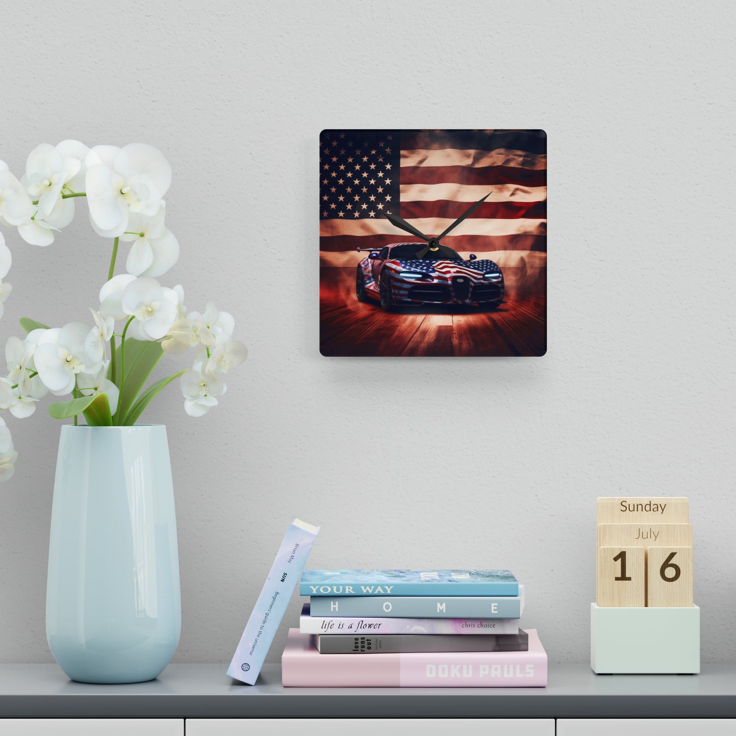 Acrylic Wall Clock Abstract American Flag Background Bugatti 2