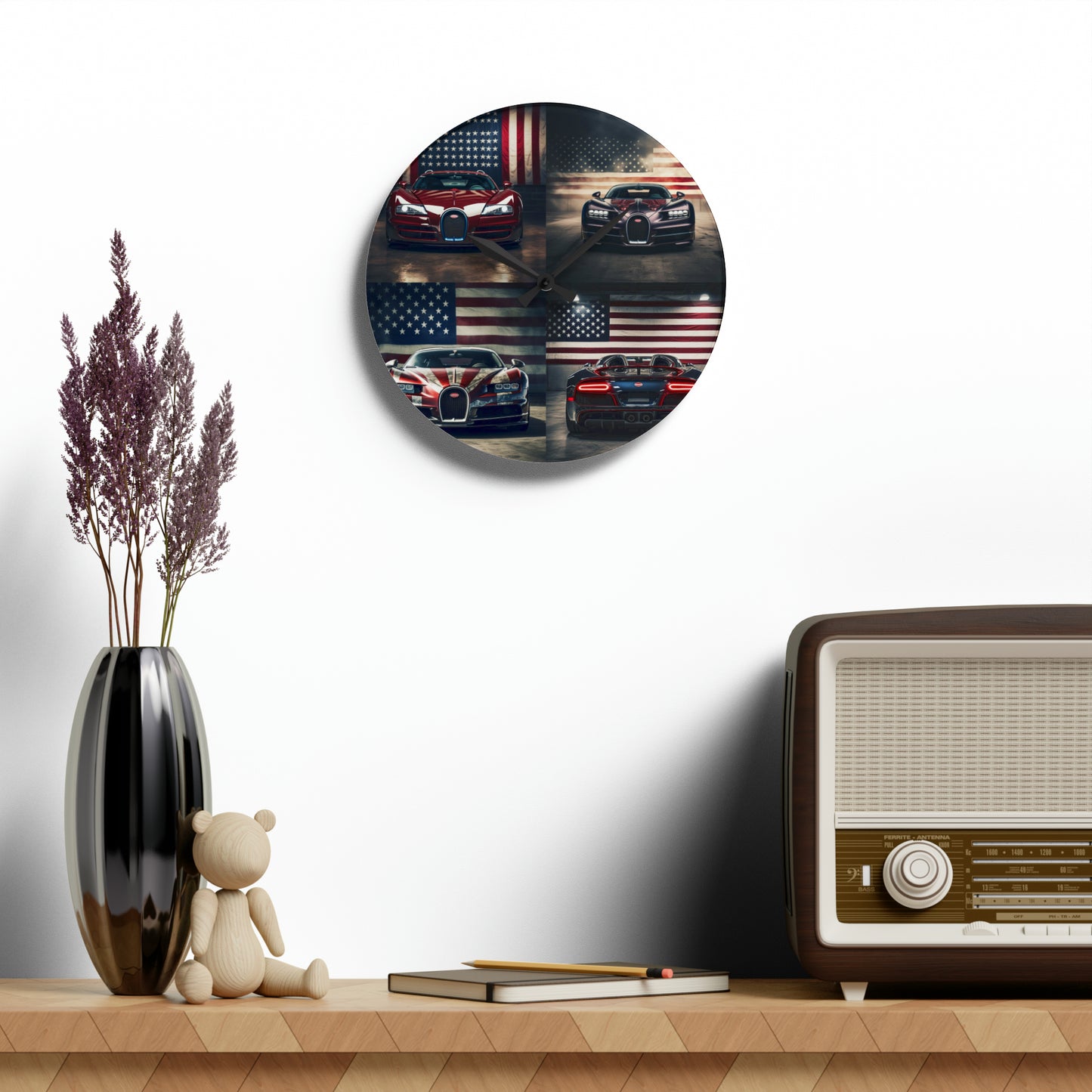 Acrylic Wall Clock American Flag Background Bugatti 5