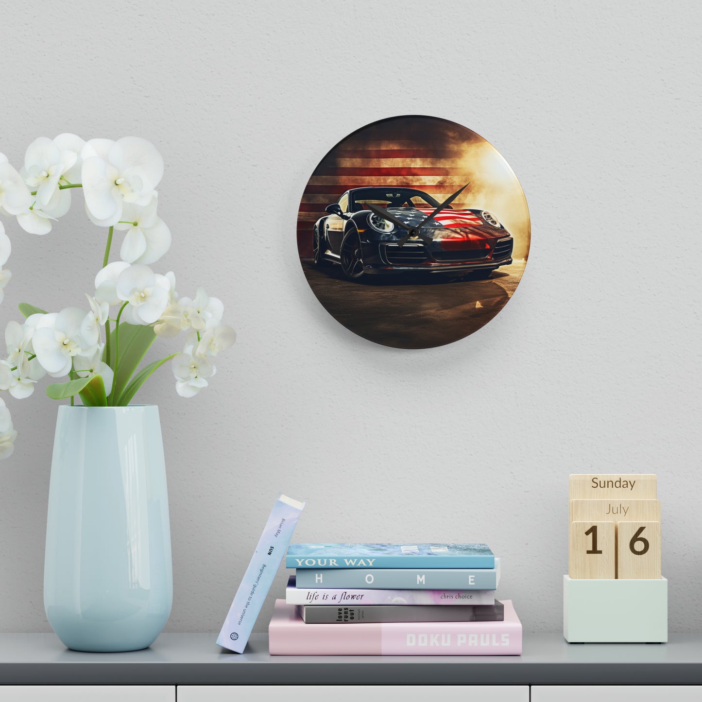 Acrylic Wall Clock Abstract American Flag Background Porsche 1