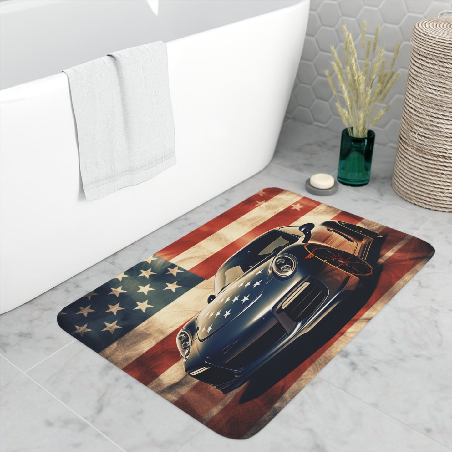 Memory Foam Bath Mat Abstract American Flag Background Porsche 3