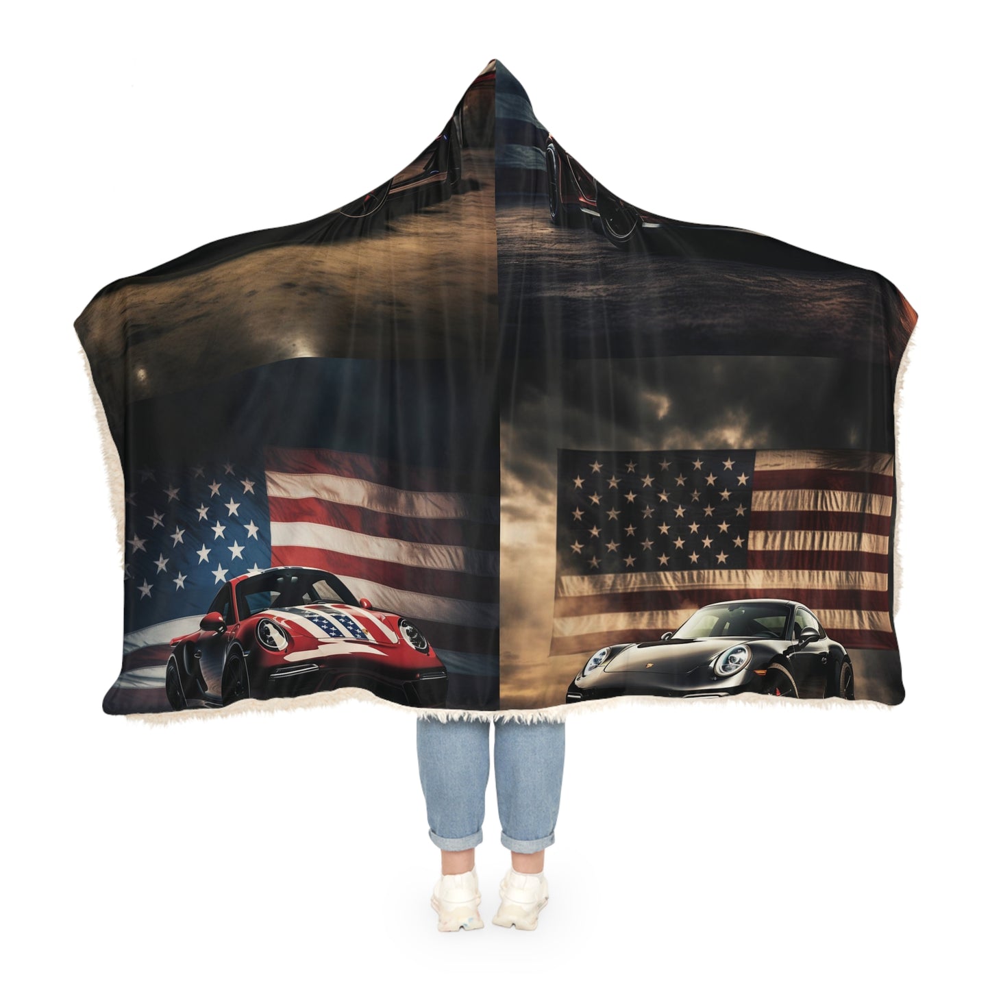 Snuggle Hooded Blanket American Flag Background Porsche 5