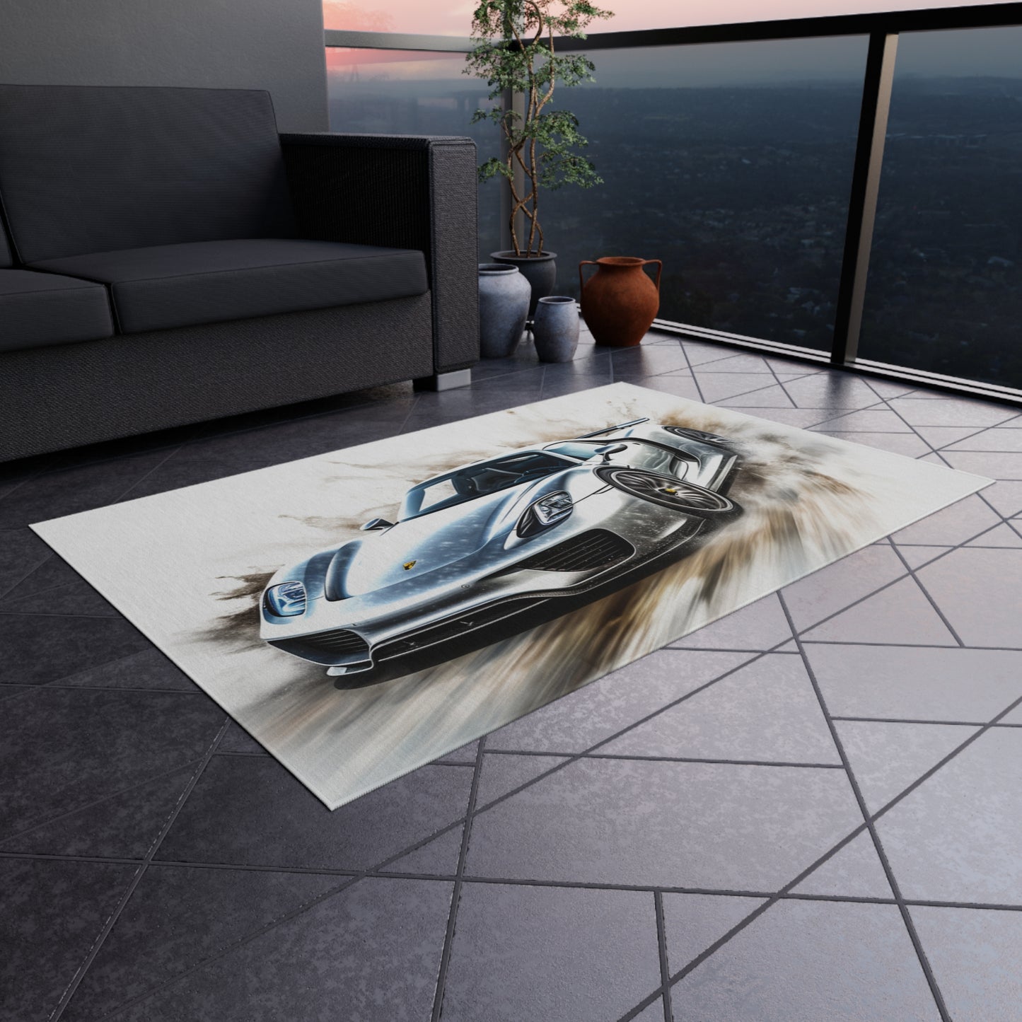 Outdoor Rug  918 Spyder white background driving fast with water splashing 2