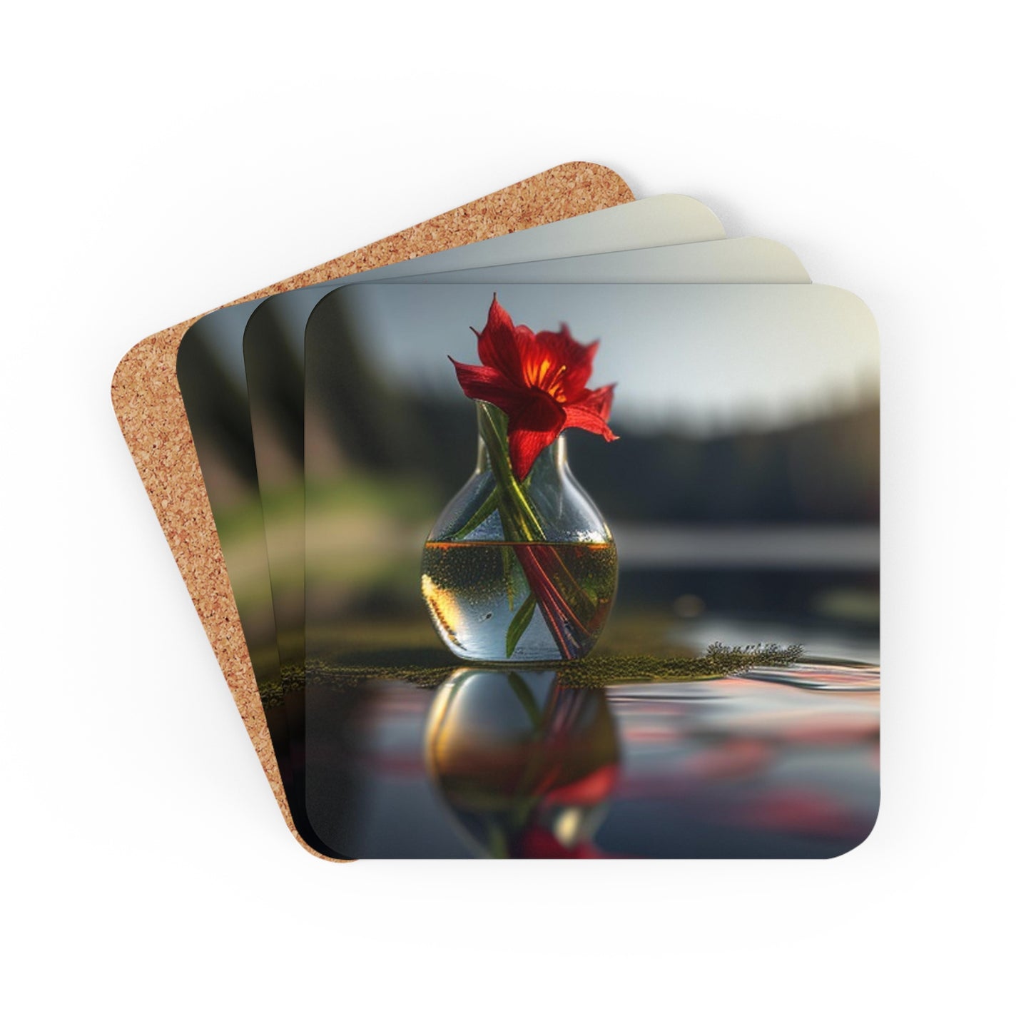 Corkwood Coaster Set Red Lily in a Glass vase 3