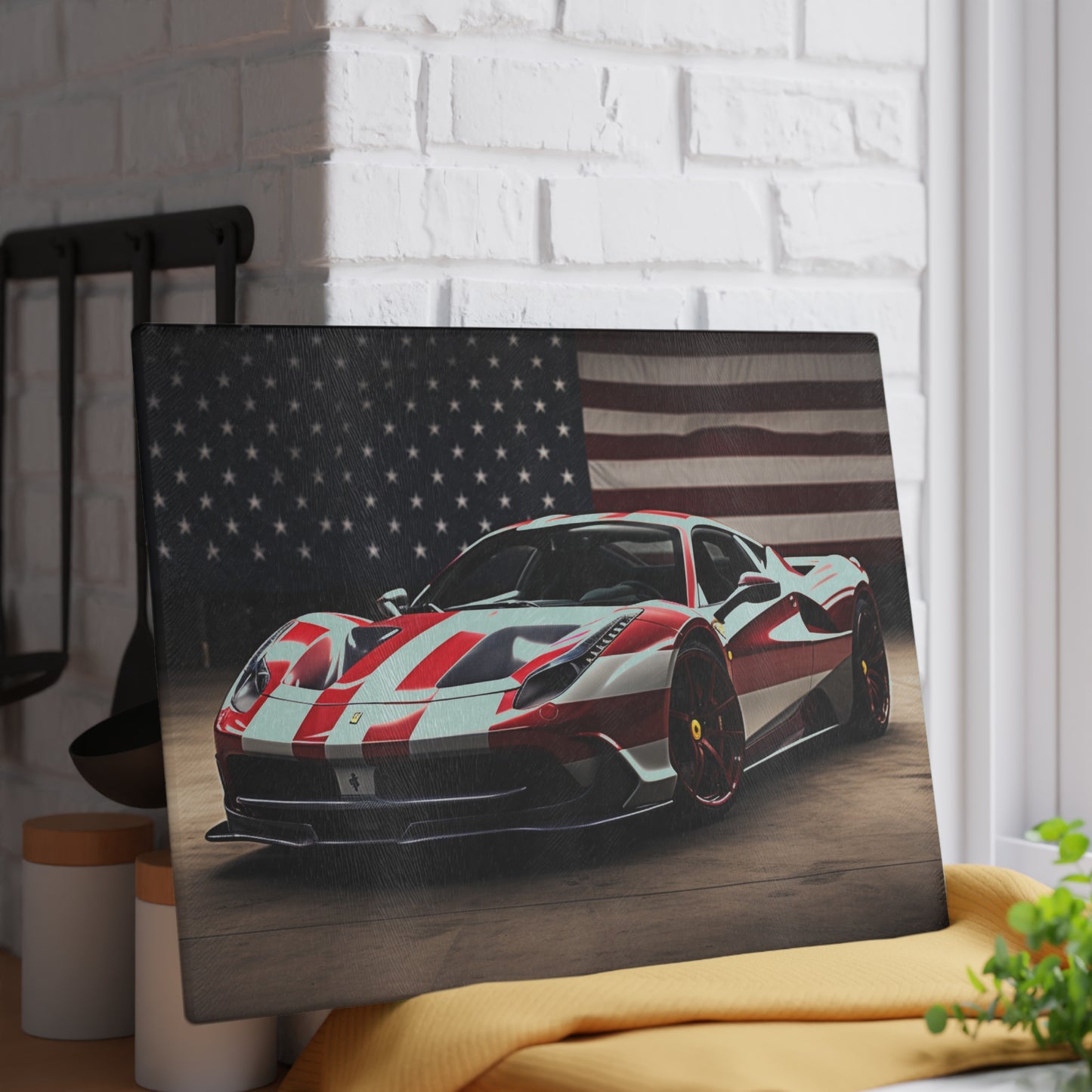 Glass Cutting Board American Flag Background Ferrari 2