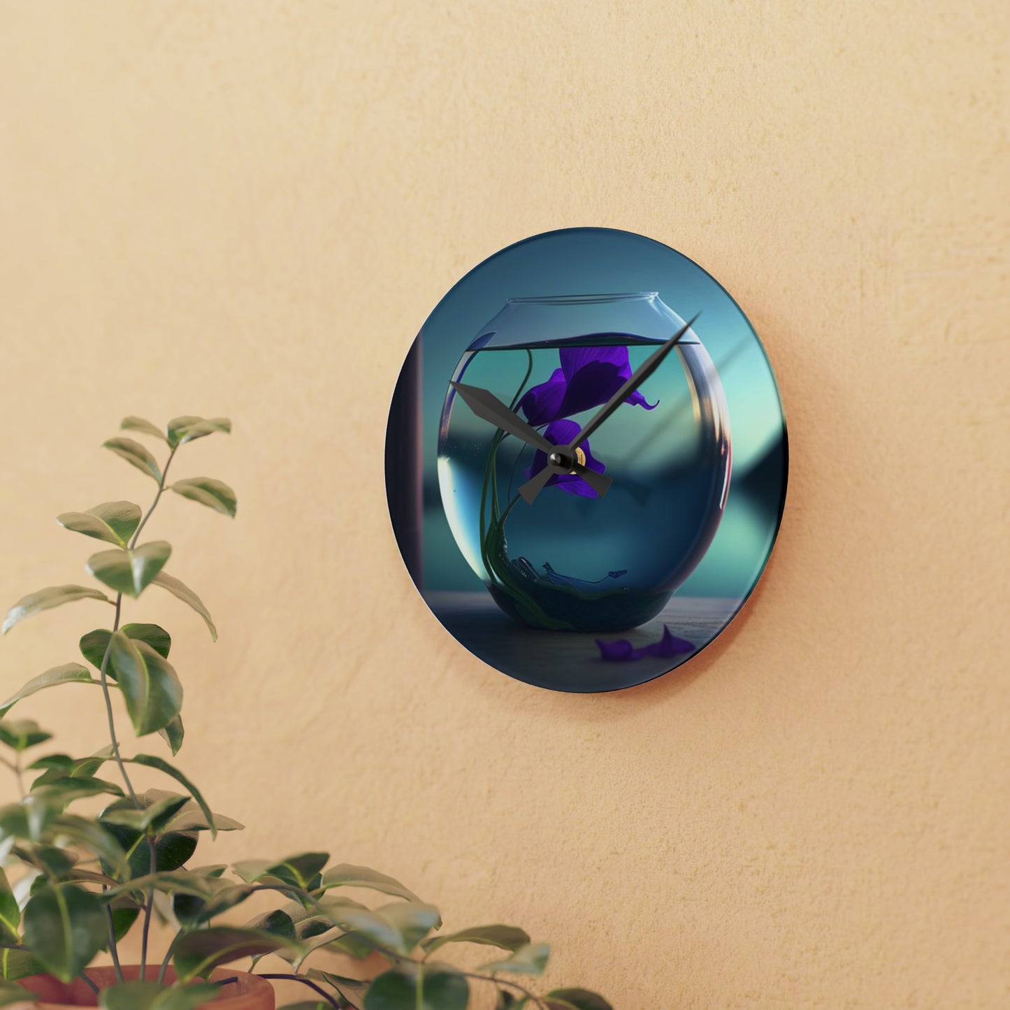 Acrylic Wall Clock Purple Sweet pea in a vase 2