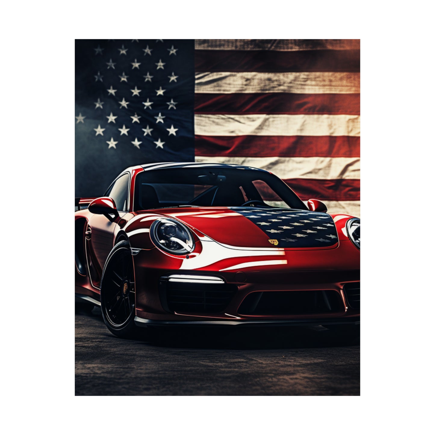 Premium Matte Vertical Posters American Flag Background Porsche 2