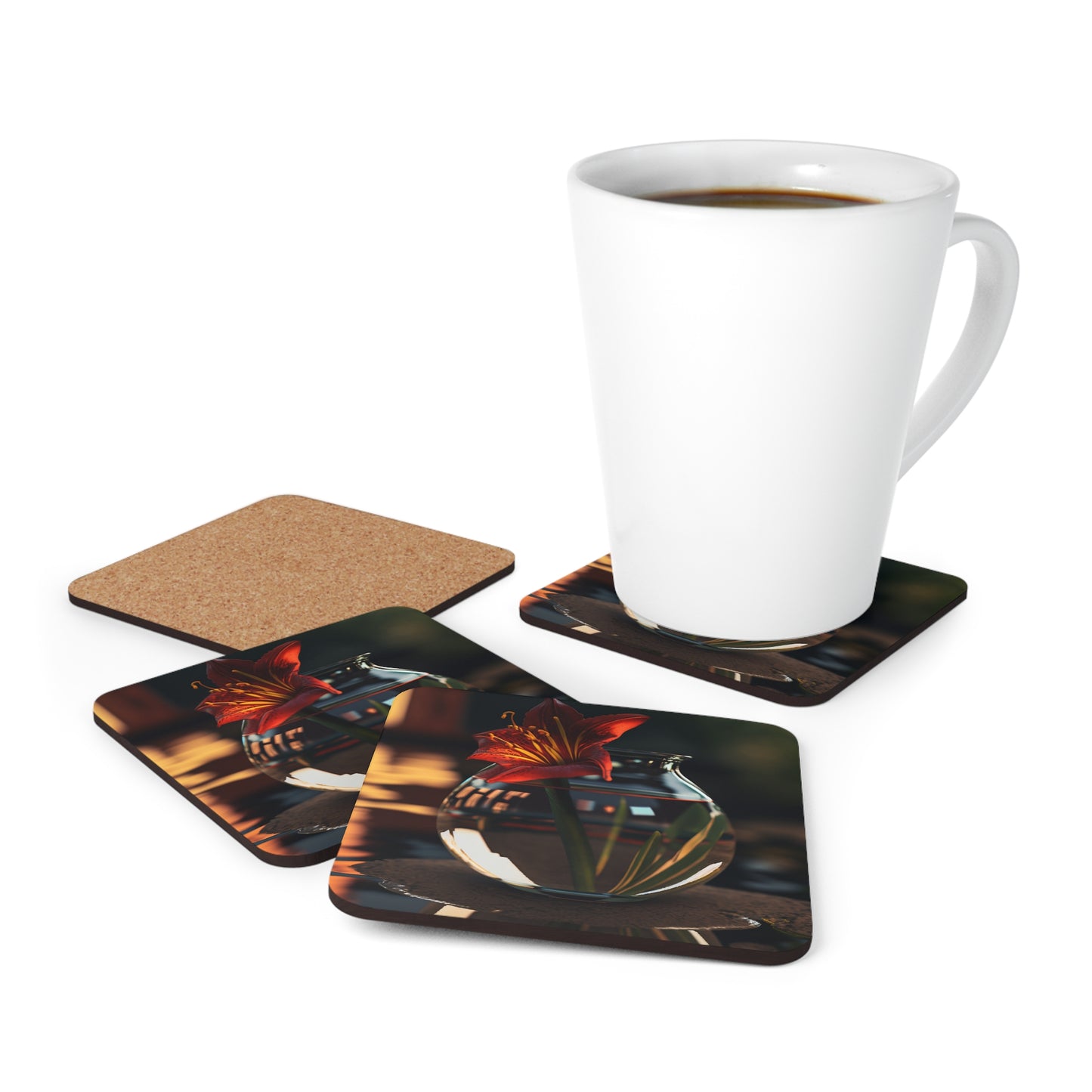 Corkwood Coaster Set Red Lily in a Glass vase 2