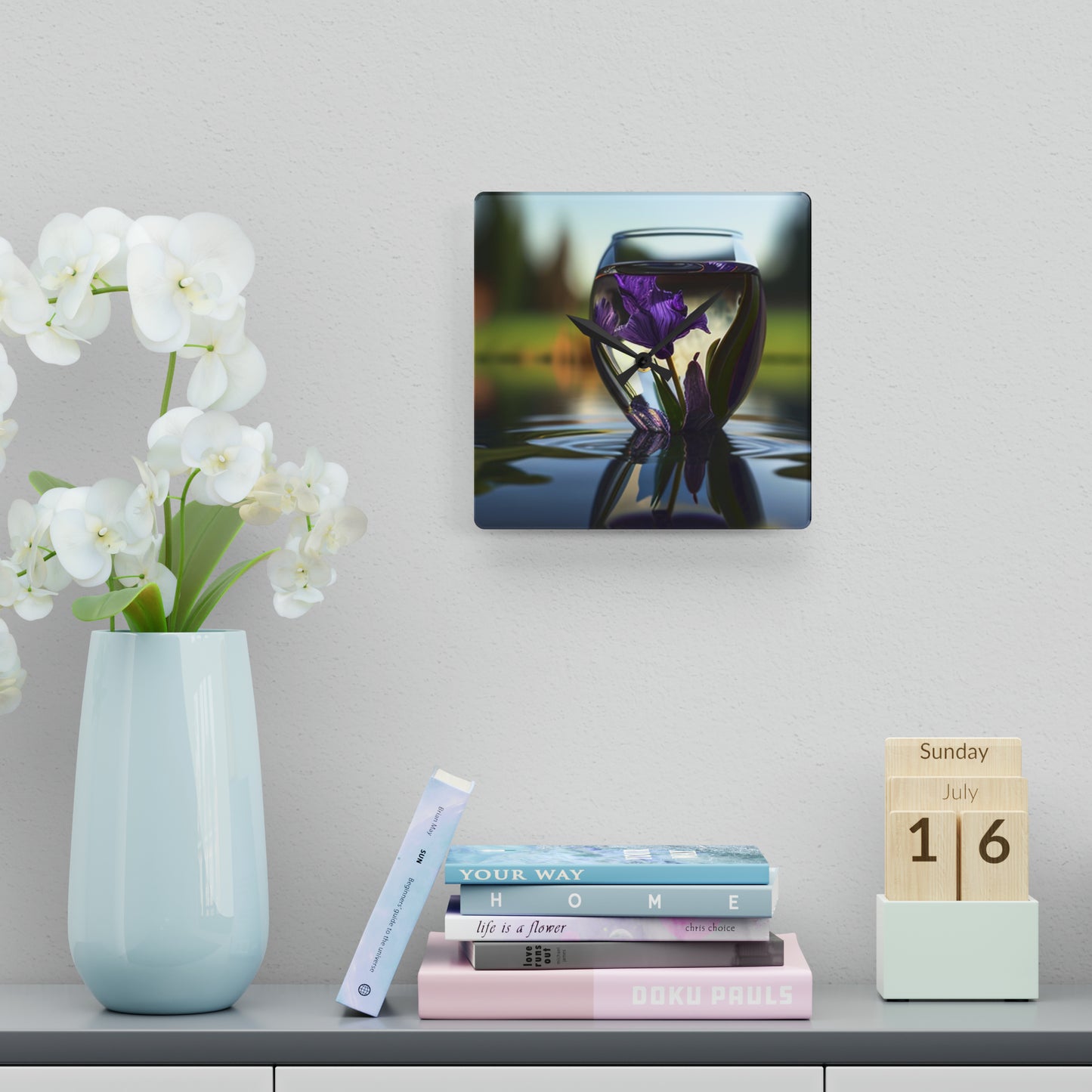 Acrylic Wall Clock Purple Iris in a vase 3