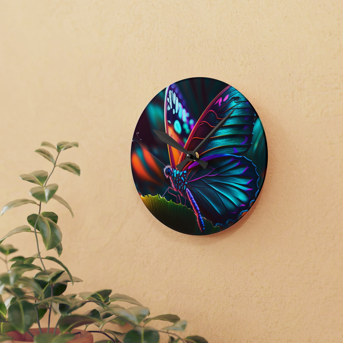 Acrylic Wall Clock Neon Butterfly Macro 1