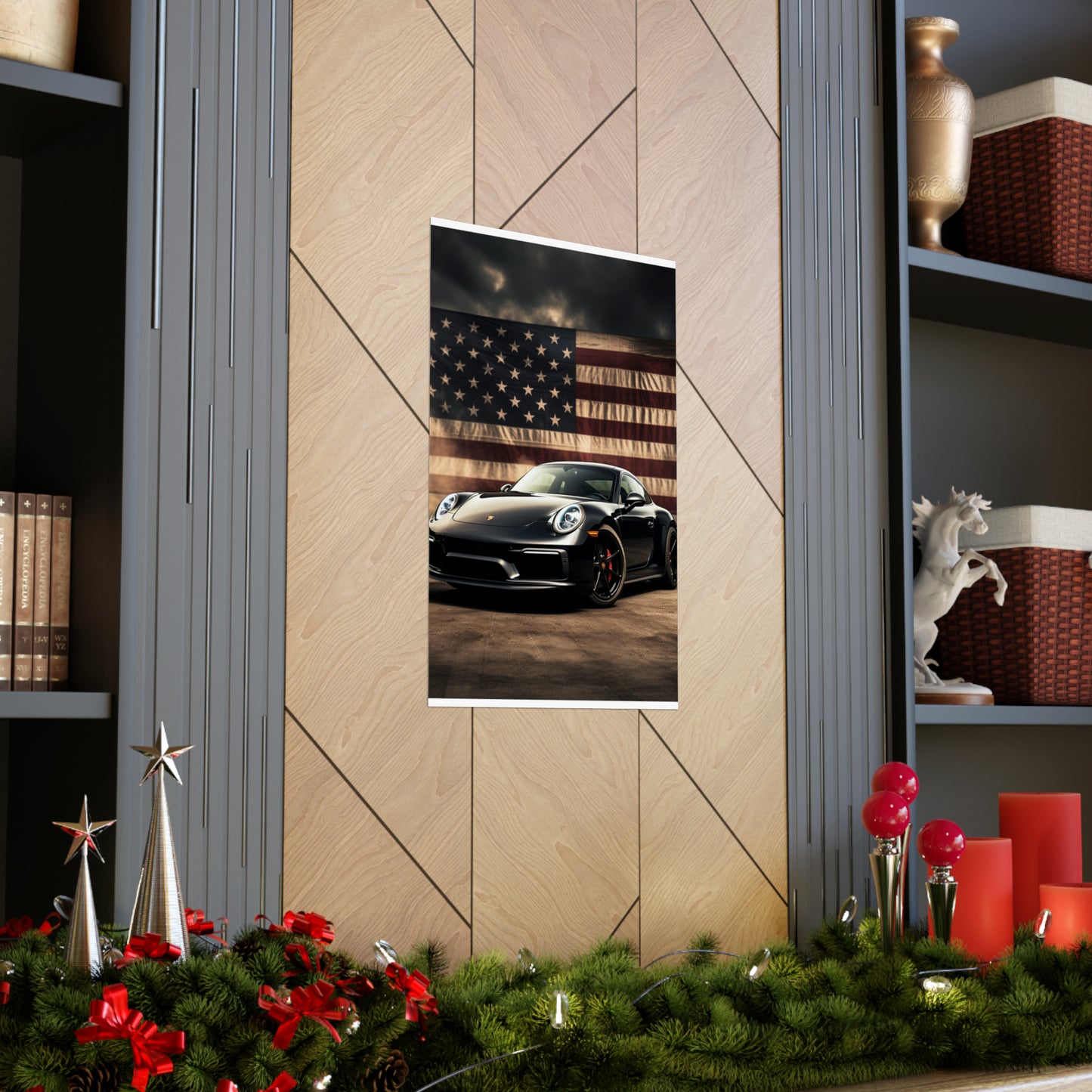 Premium Matte Vertical Posters American Flag Background Porsche 4