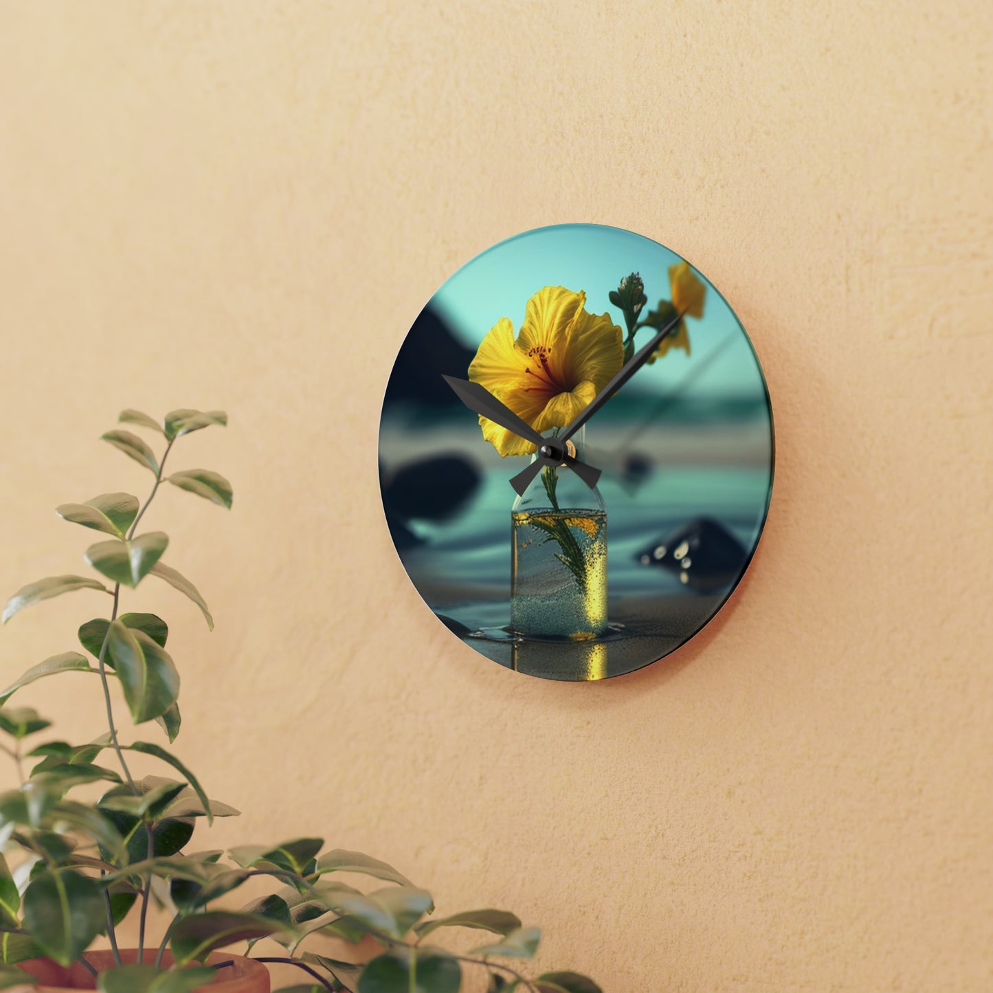 Acrylic Wall Clock Yellow Hibiscus glass 3