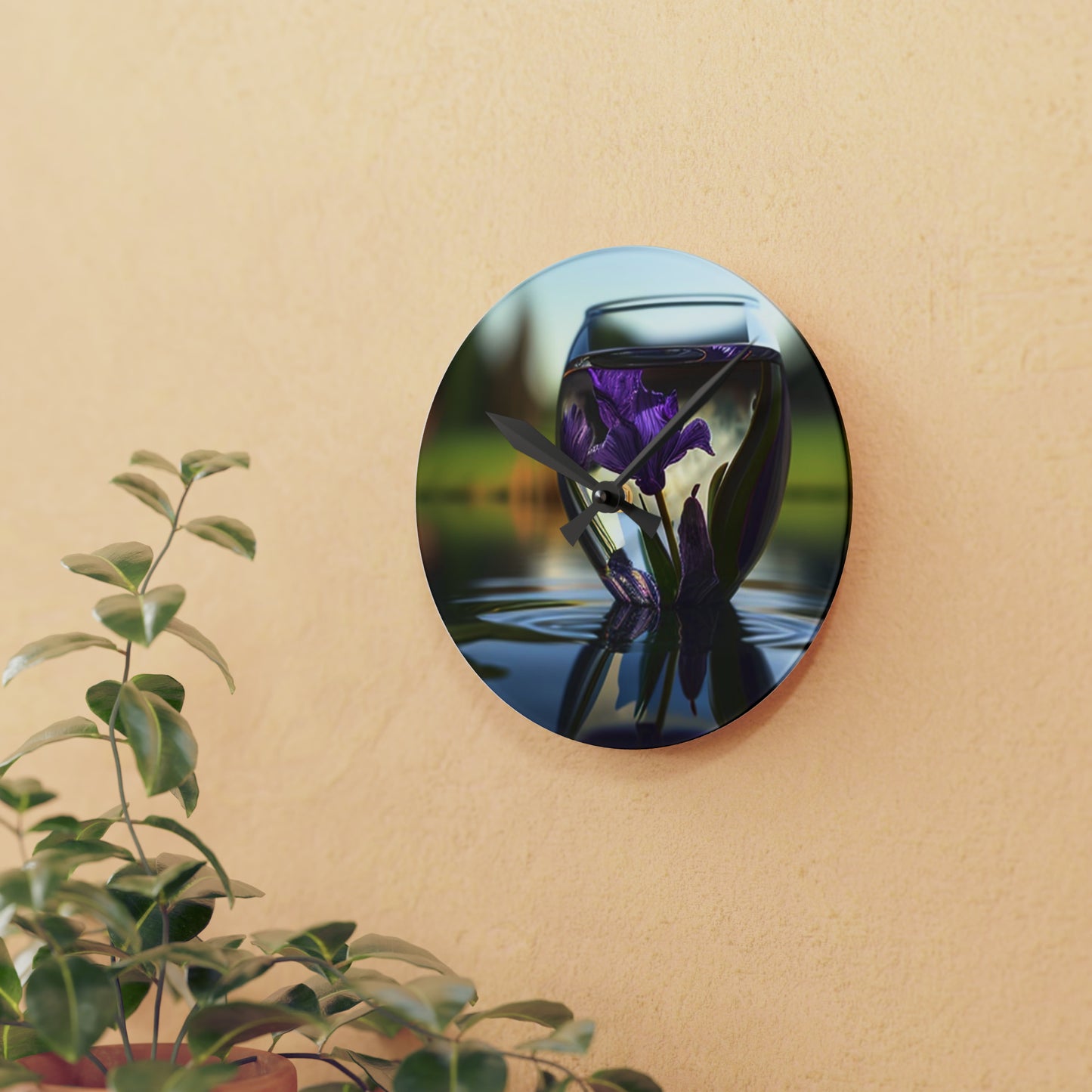 Acrylic Wall Clock Purple Iris in a vase 3