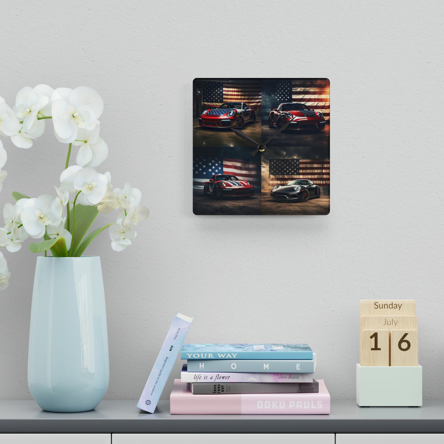 Acrylic Wall Clock American Flag Background Porsche 5