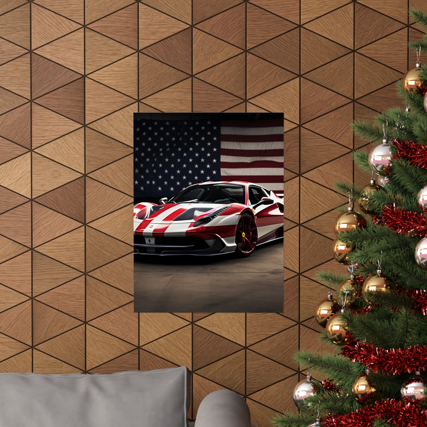 Premium Matte Vertical Posters American Flag Background Ferrari 2