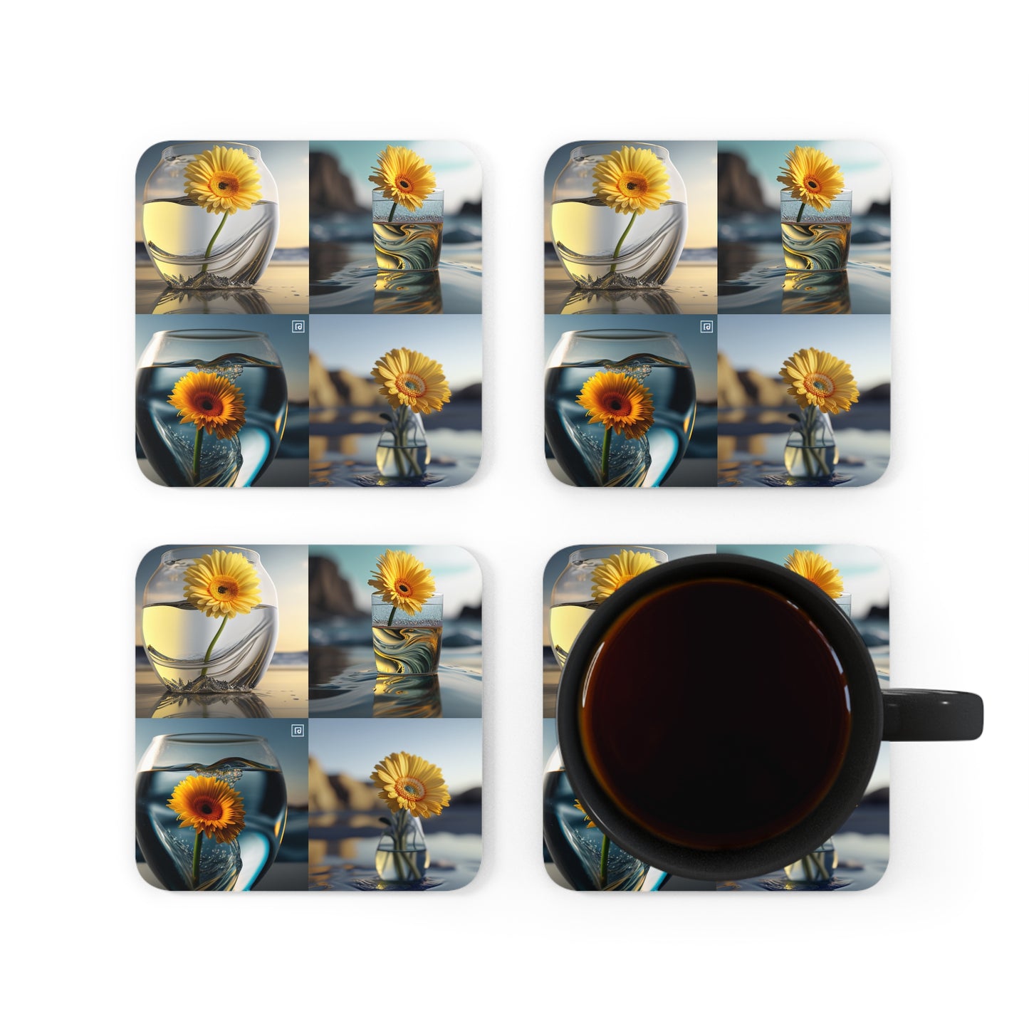 Corkwood Coaster Set yello Gerbera glass 5