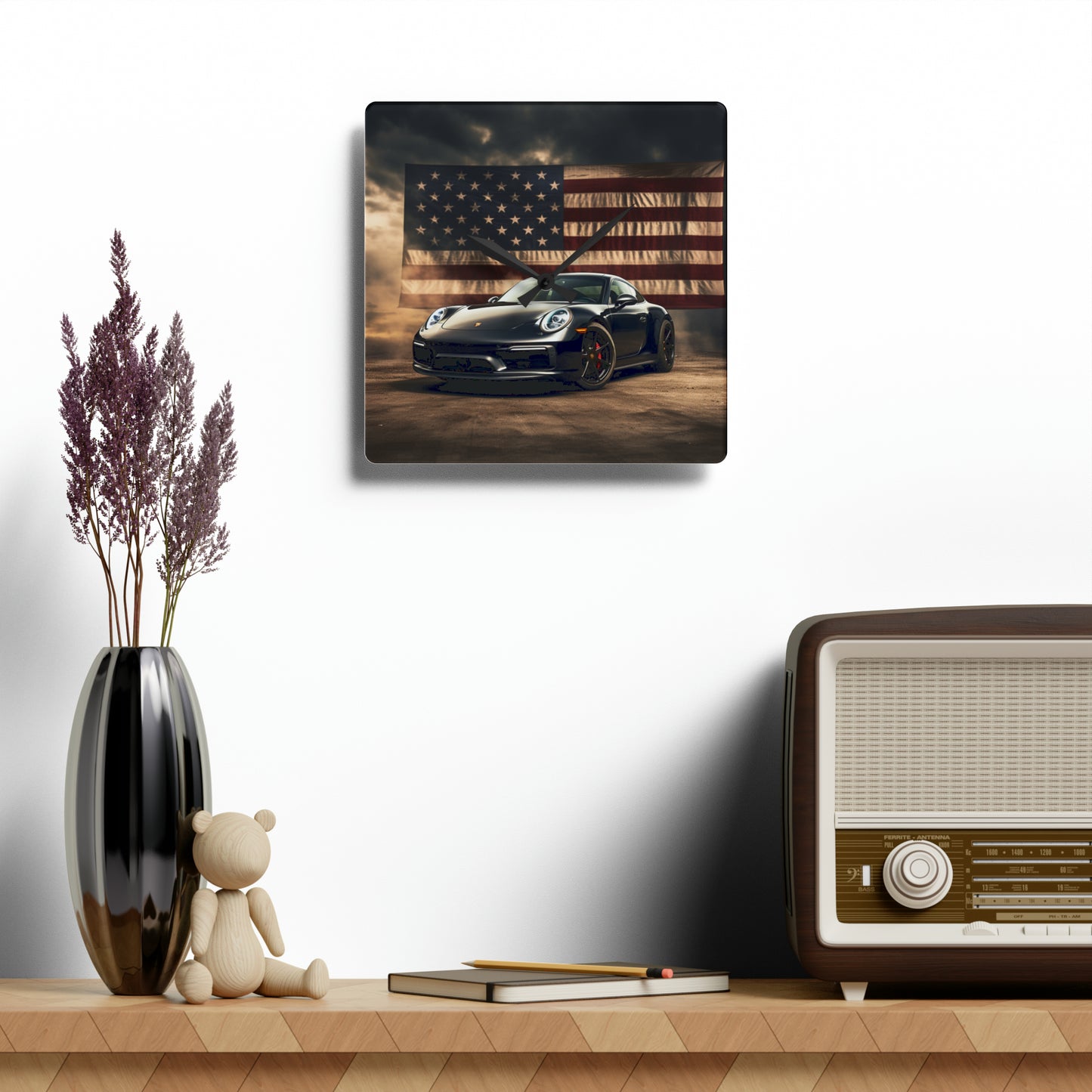 Acrylic Wall Clock American Flag Background Porsche 4