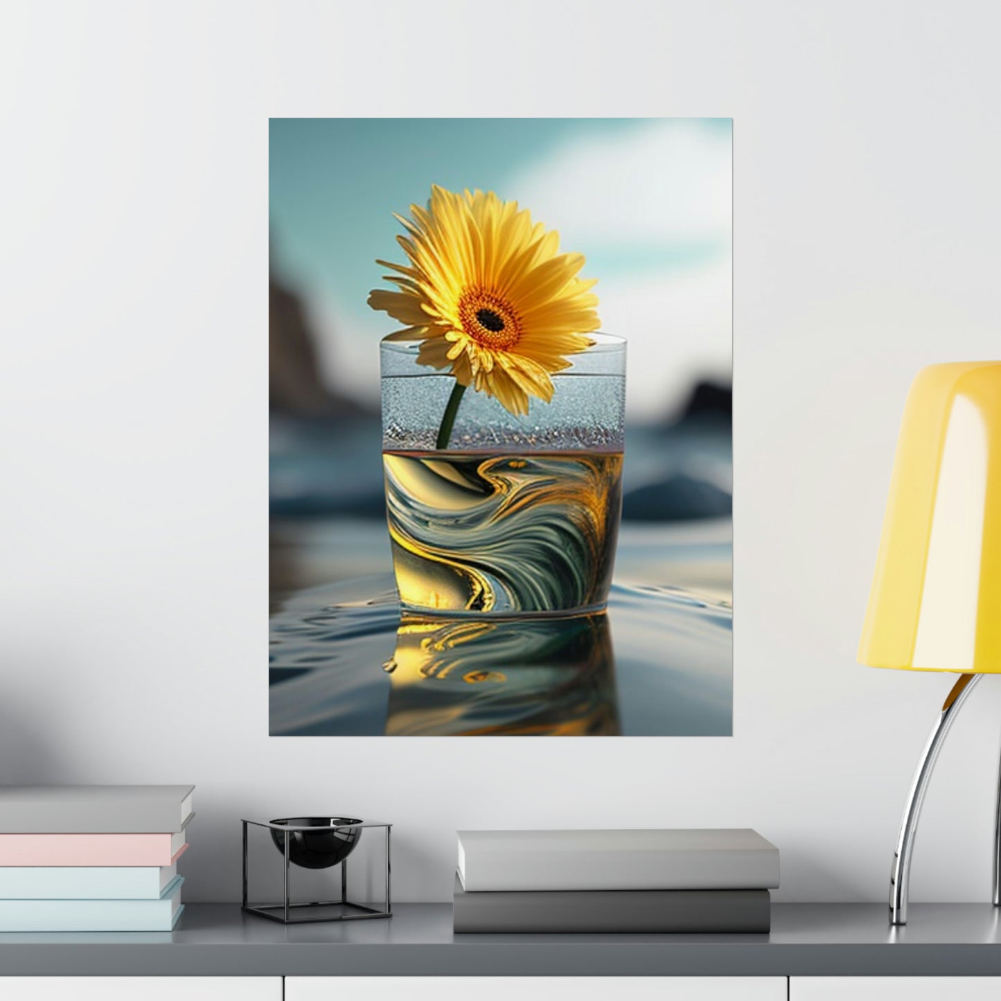 Premium Matte Vertical Posters yello Gerbera glass 2