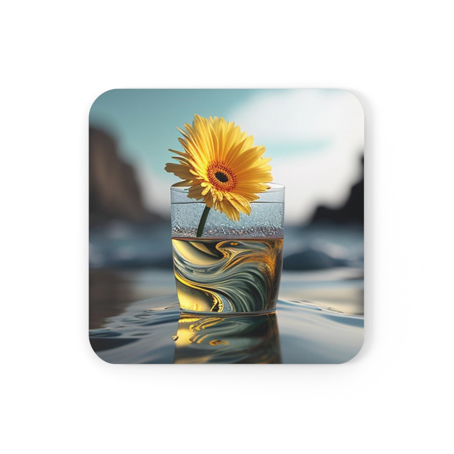 Corkwood Coaster Set yello Gerbera glass 2