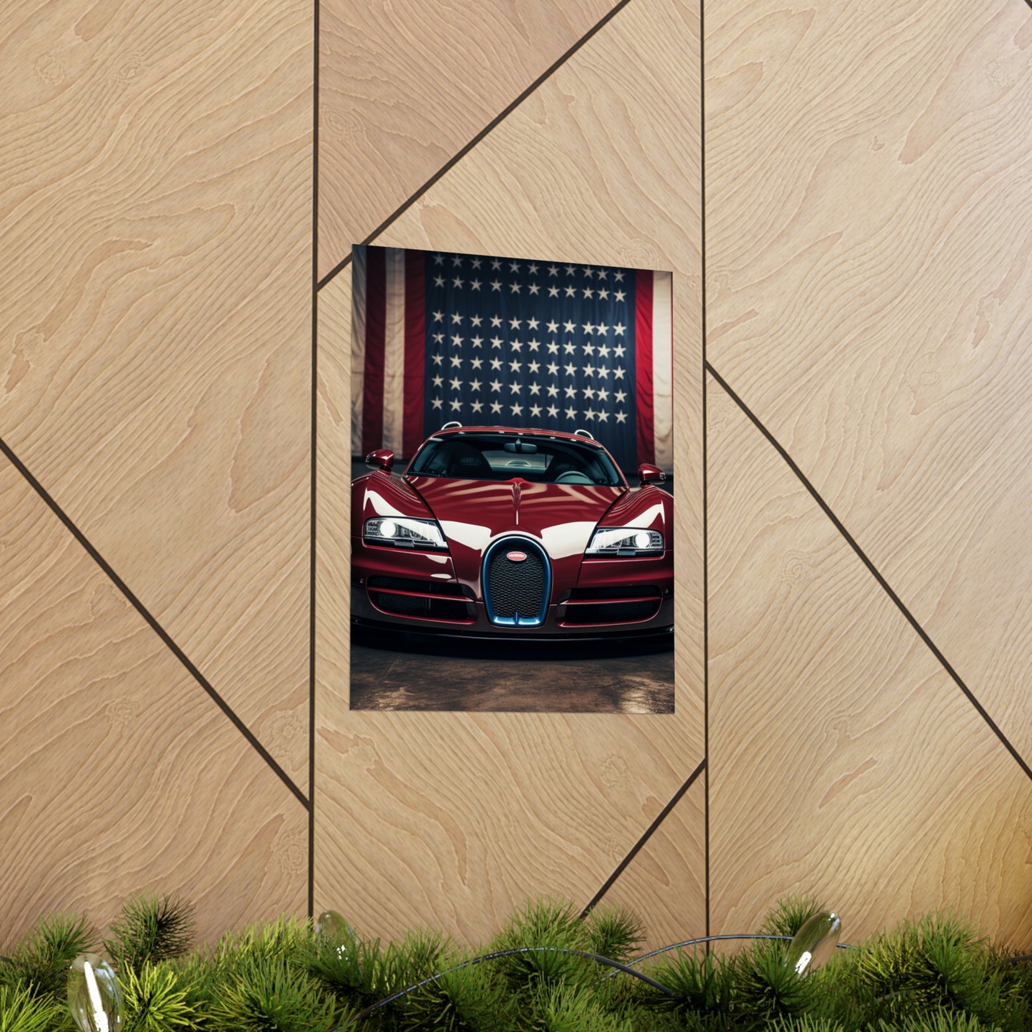 Premium Matte Vertical Posters American Flag Background Bugatti 1