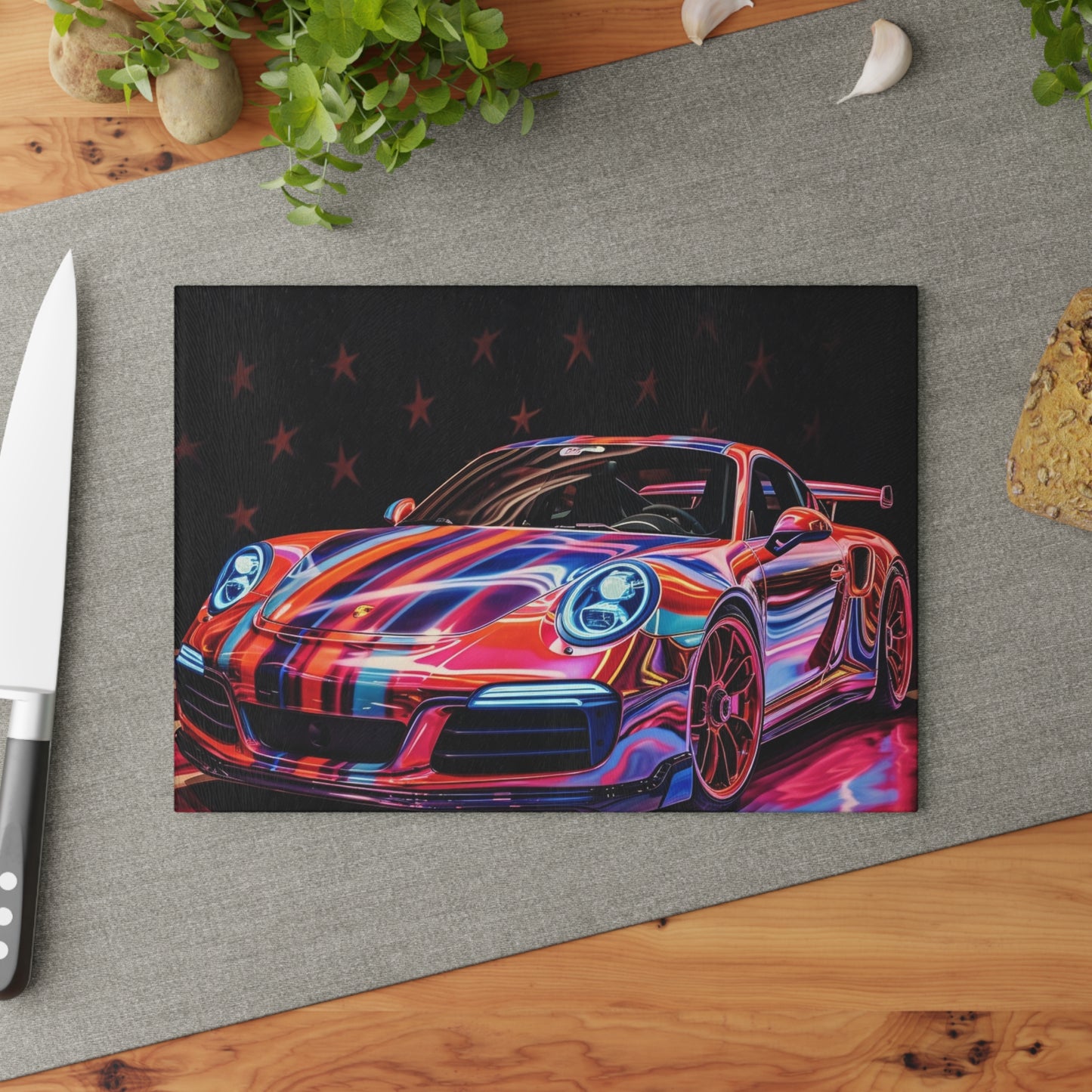 Glass Cutting Board American Flag Colored Porsche 1