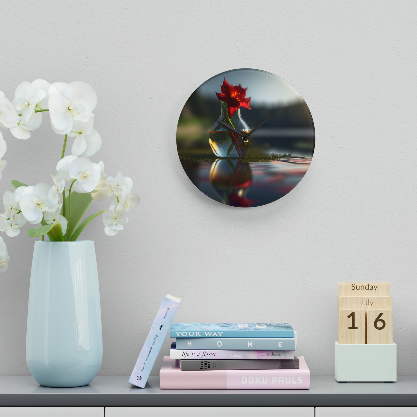 Acrylic Wall Clock Red Lily in a Glass vase 3