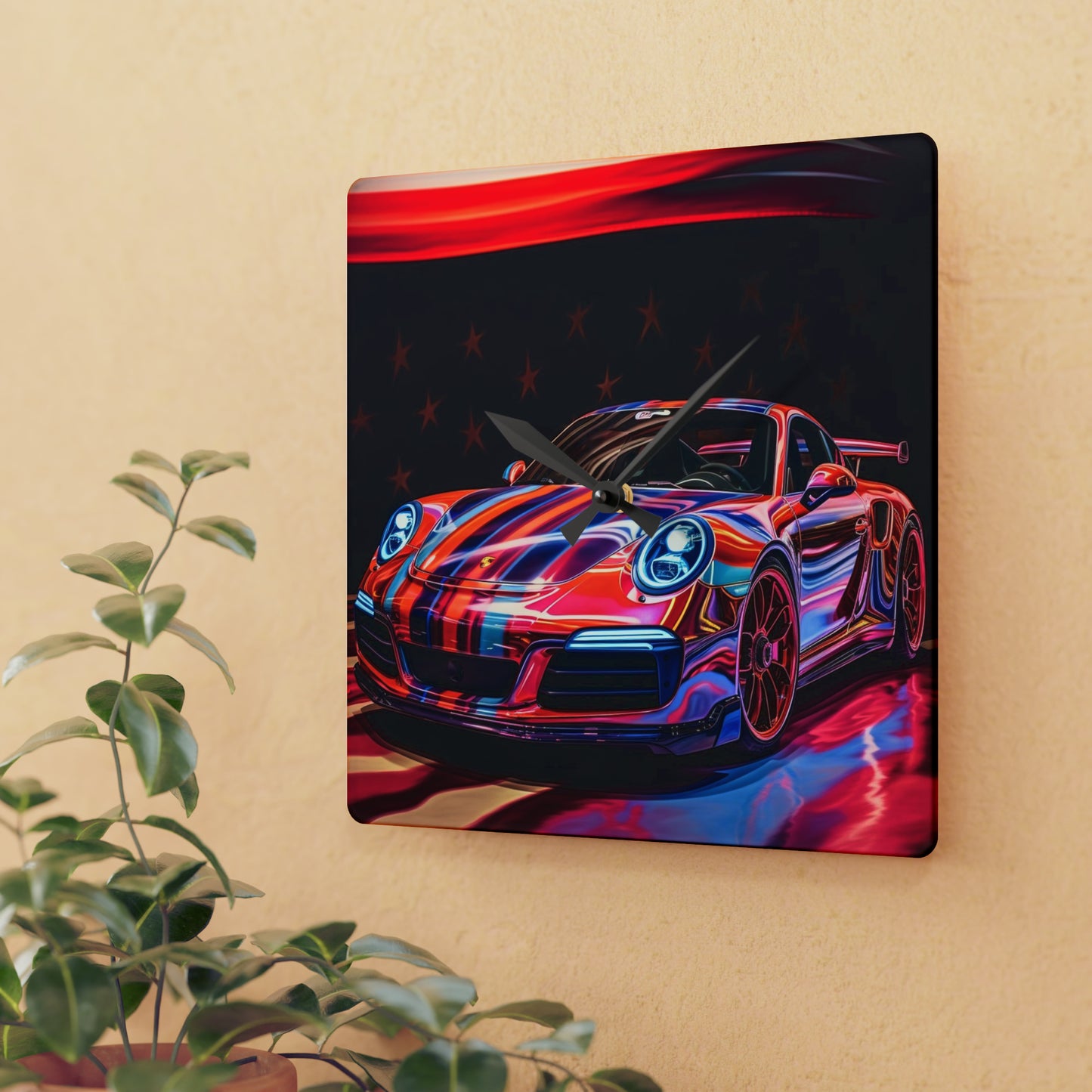 Acrylic Wall Clock American Flag Colored Porsche 2