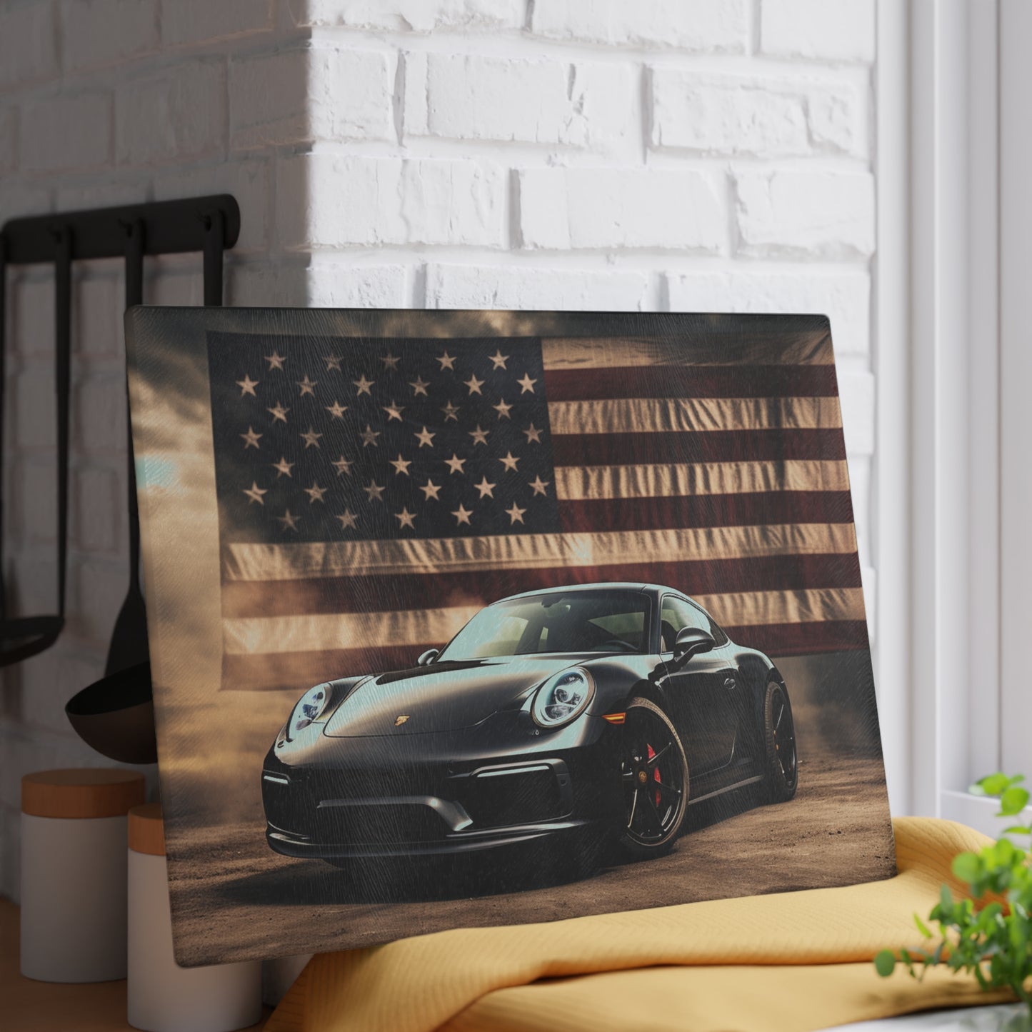 Glass Cutting Board American Flag Background Porsche 4