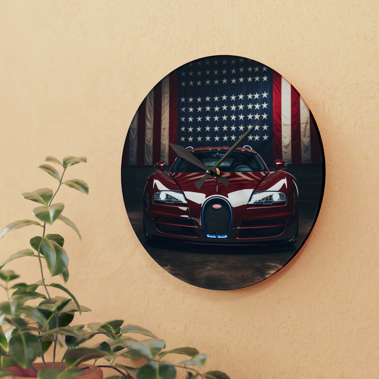 Acrylic Wall Clock American Flag Background Bugatti 1