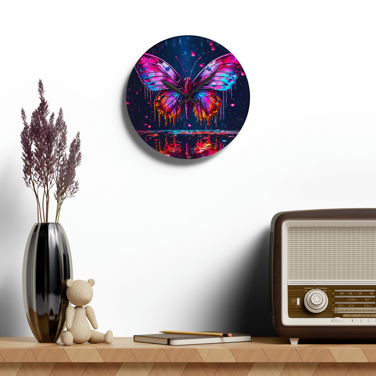 Acrylic Wall Clock Pink Butterfly Flair 2