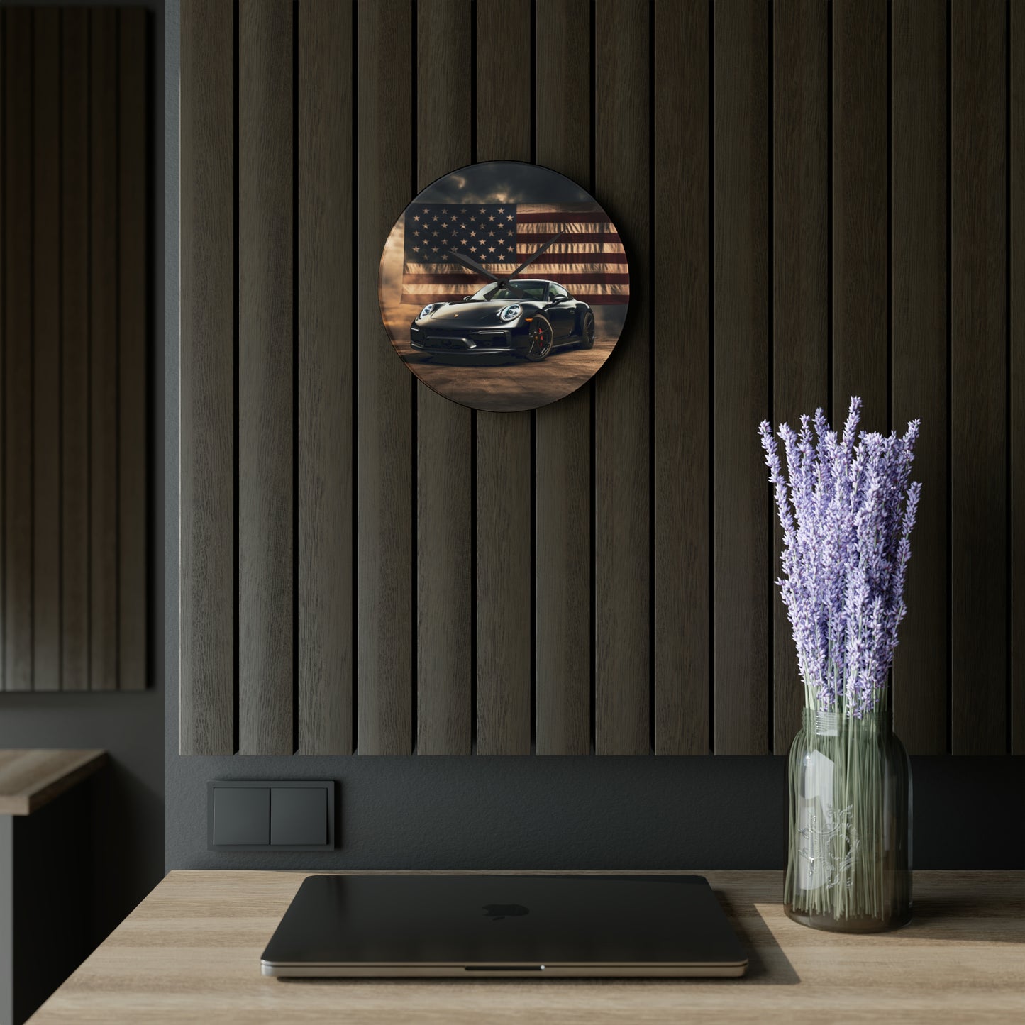 Acrylic Wall Clock American Flag Background Porsche 4