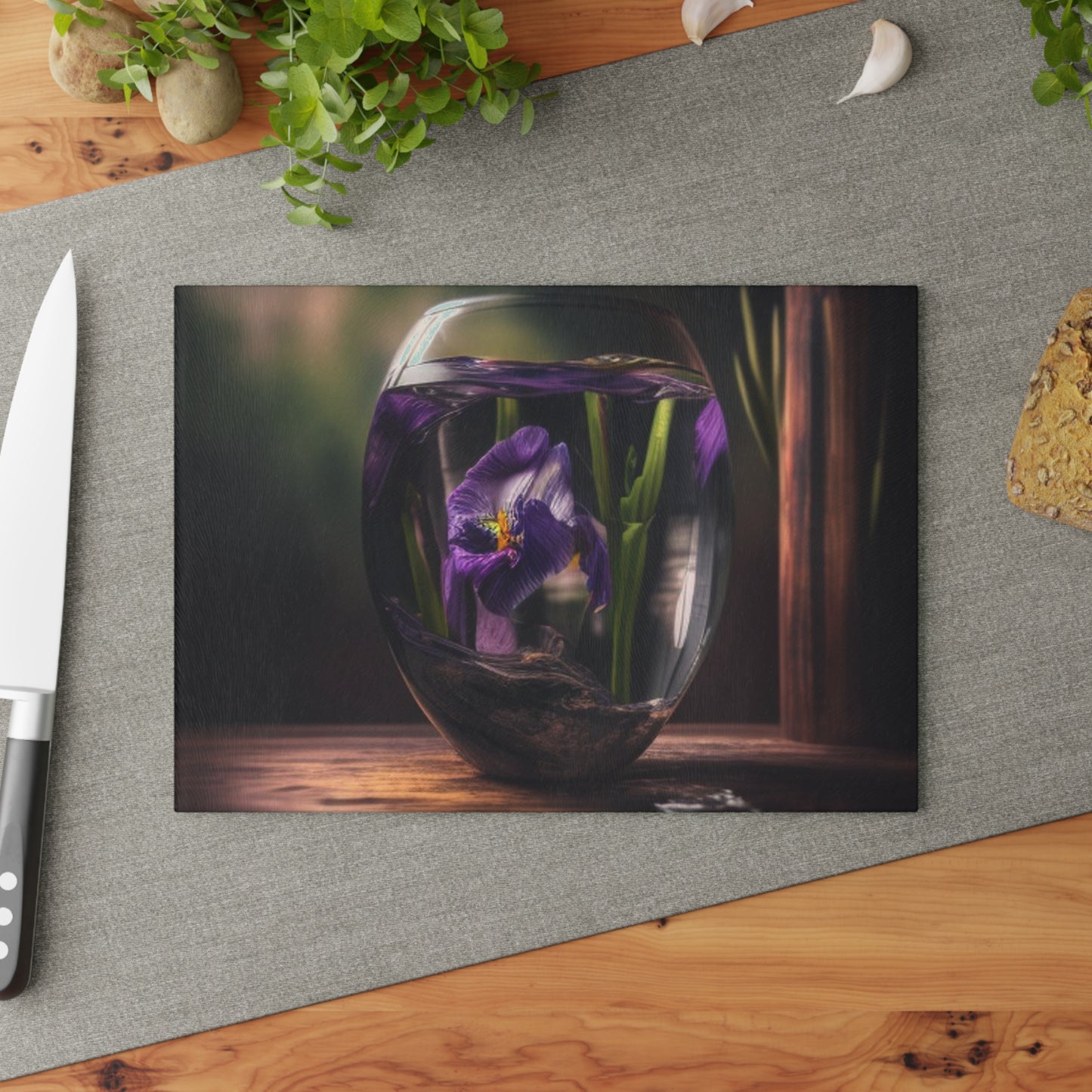 Glass Cutting Board Purple Iris in a vase 4