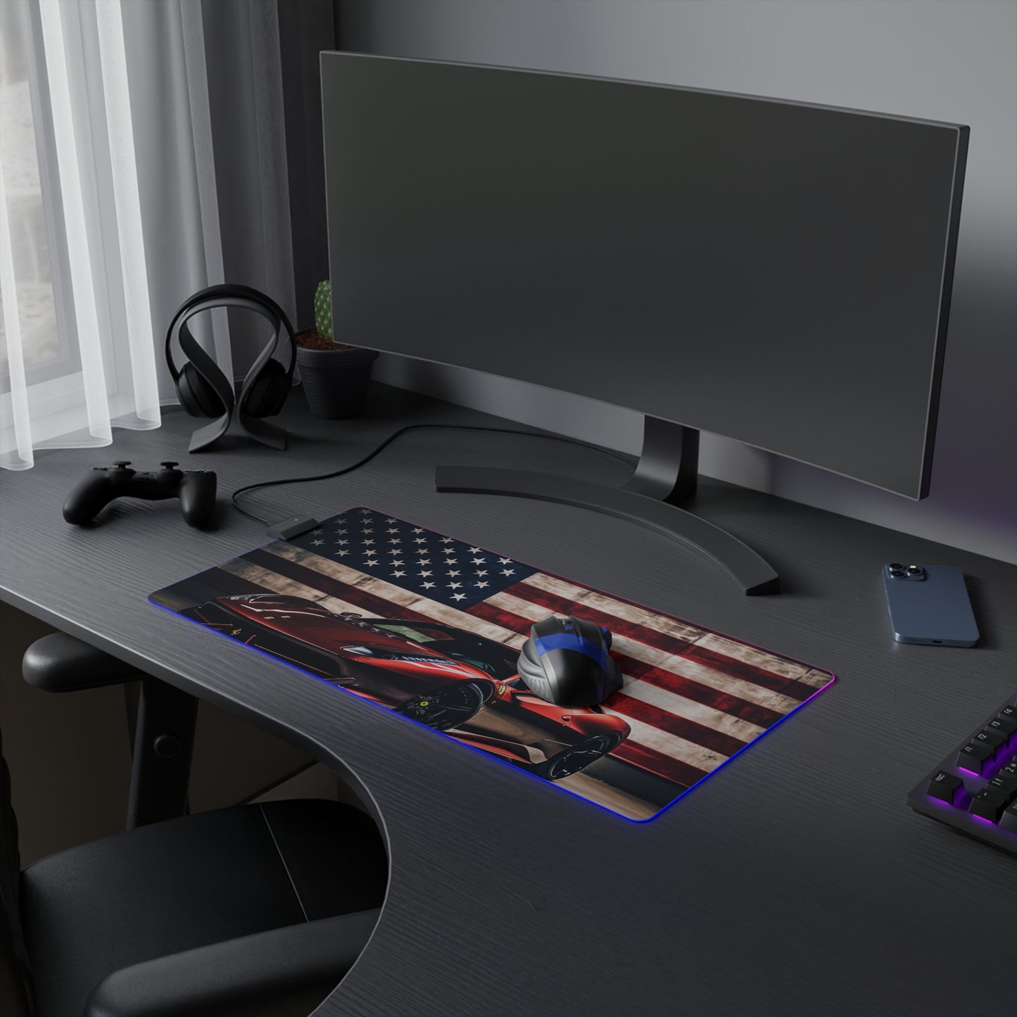 LED Gaming Mouse Pad American Flag Background Ferrari 4