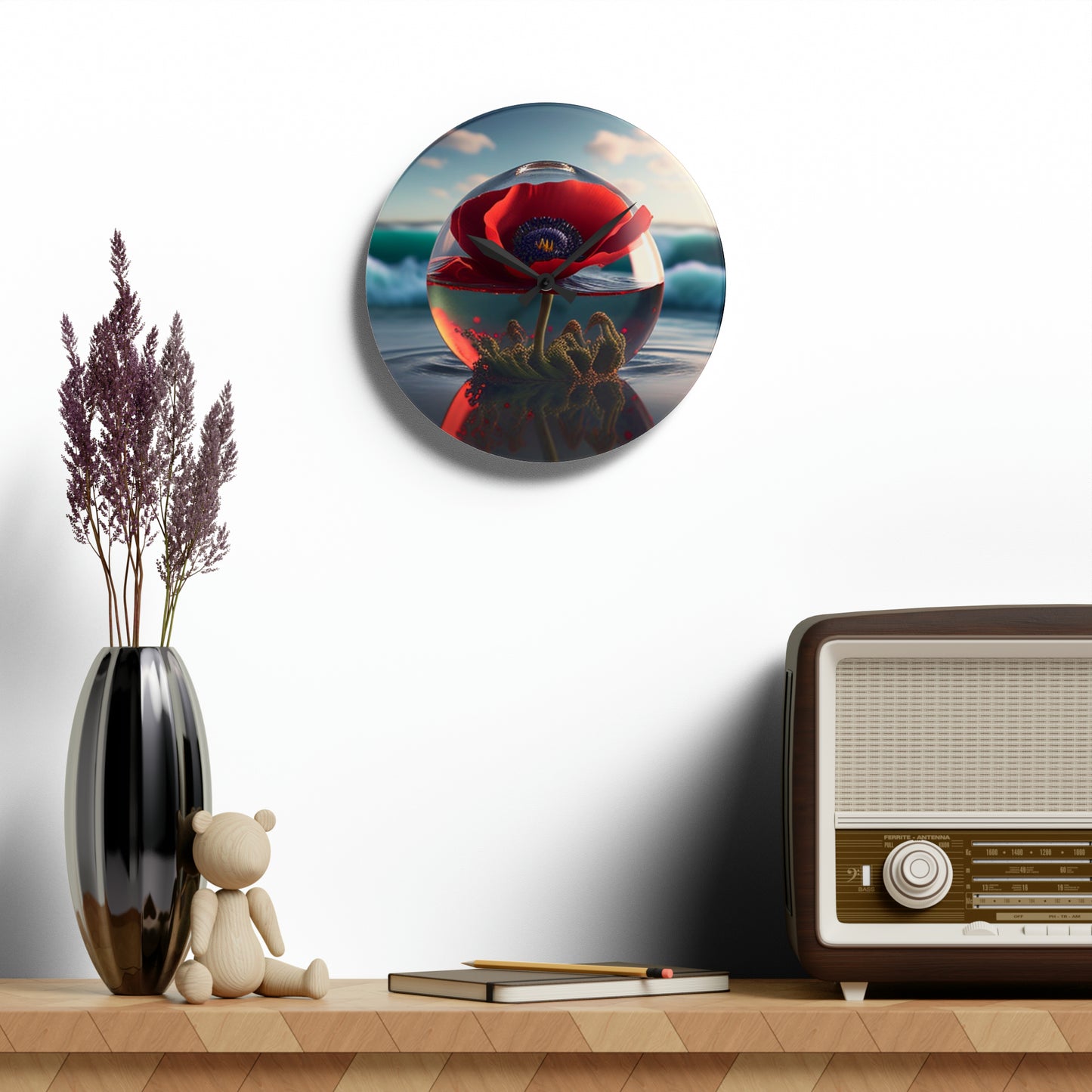 Acrylic Wall Clock Red Anemone in a Vase 4