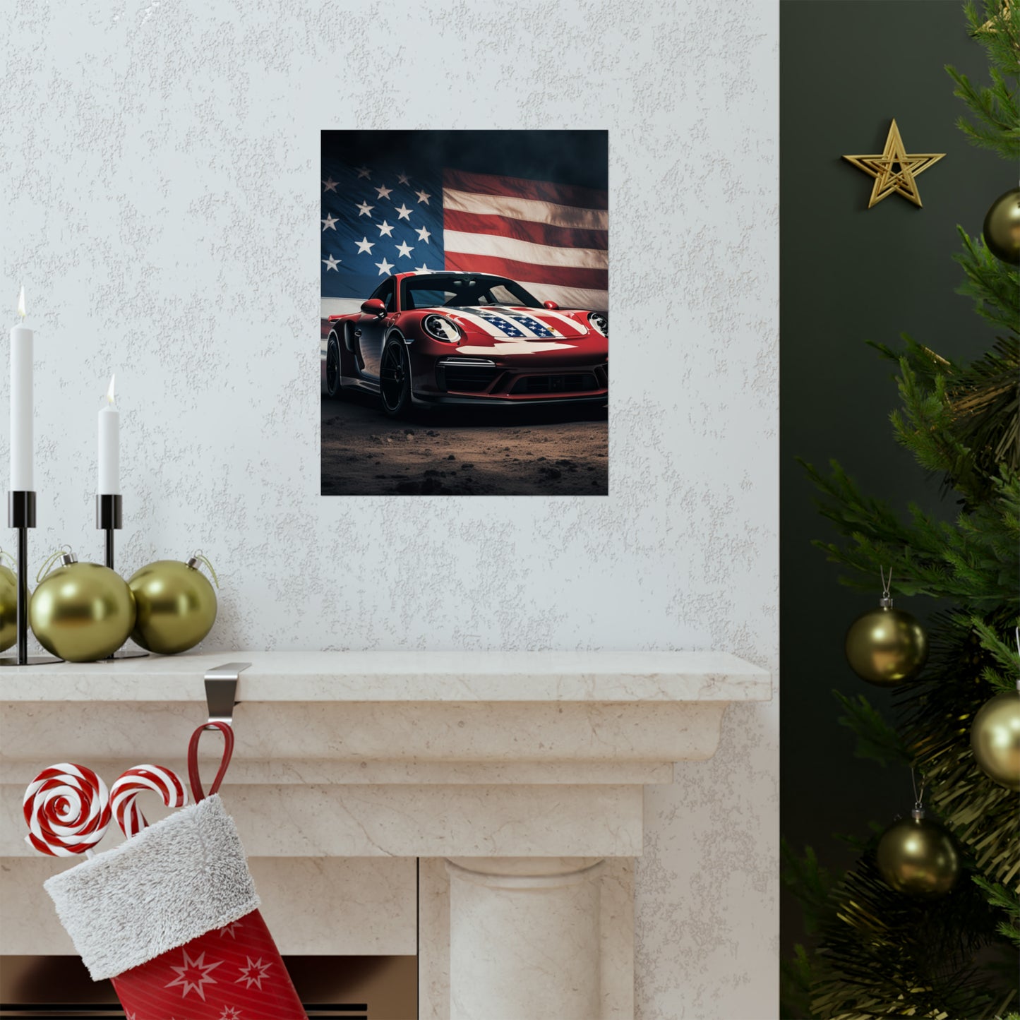 Premium Matte Vertical Posters American Flag Background Porsche 3