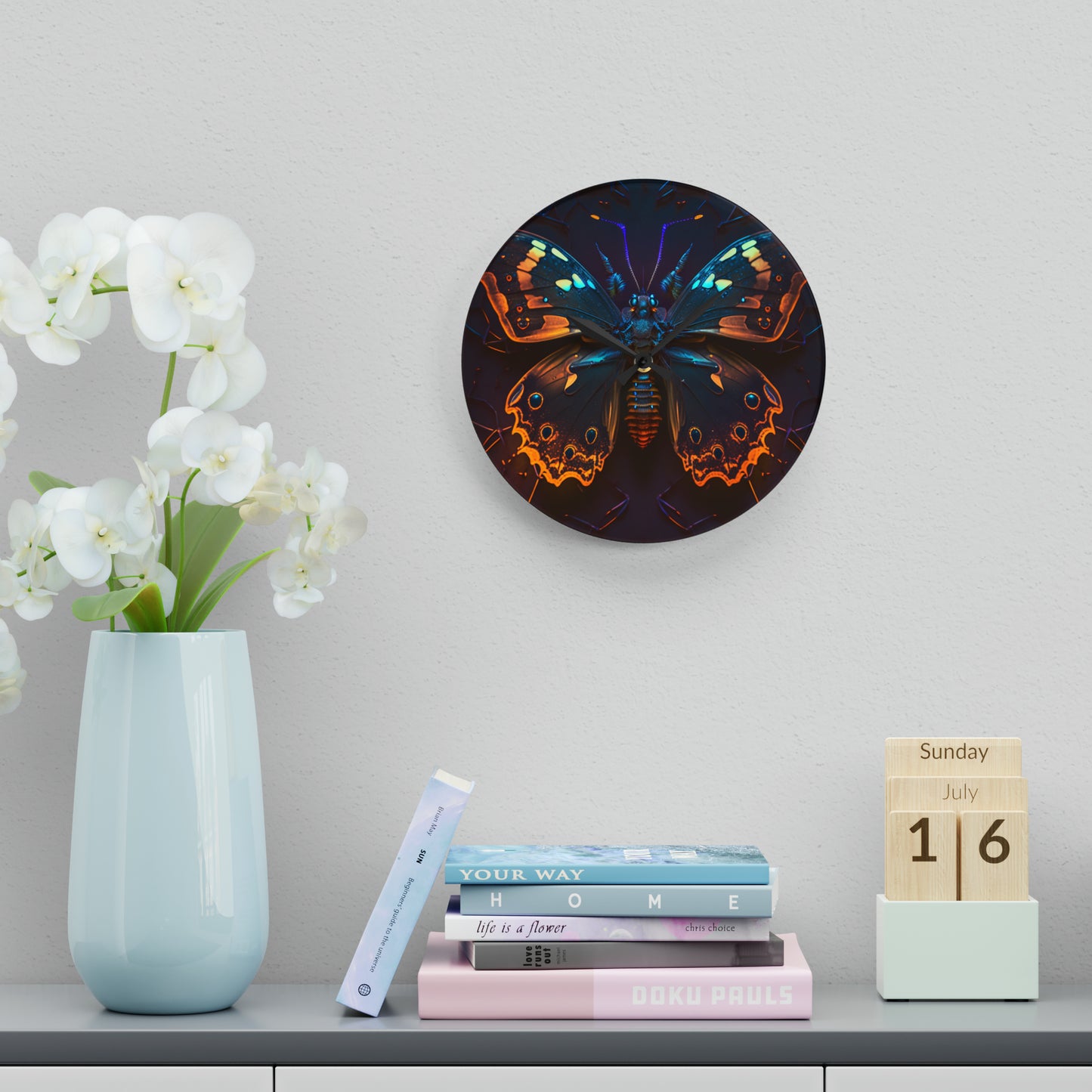 Acrylic Wall Clock Neon Hue Butterfly 2