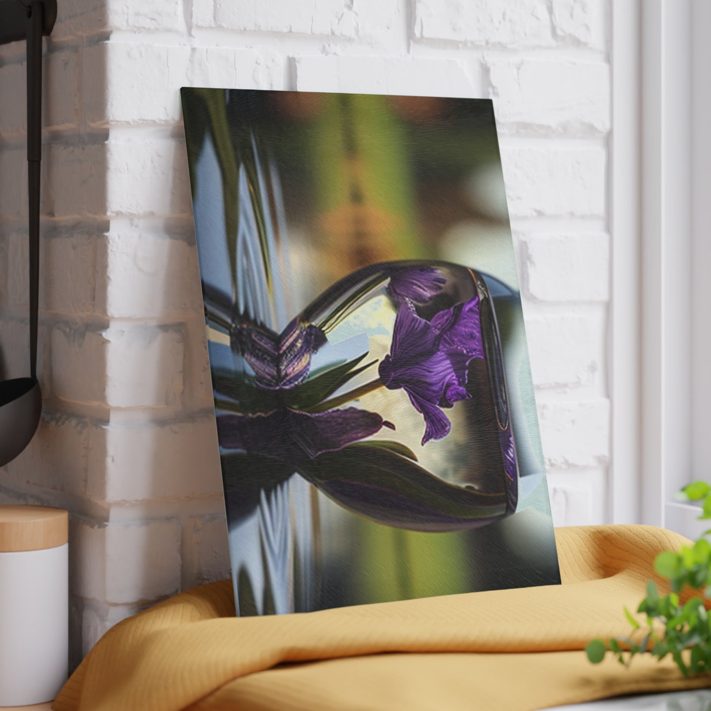 Glass Cutting Board Purple Iris in a vase 3