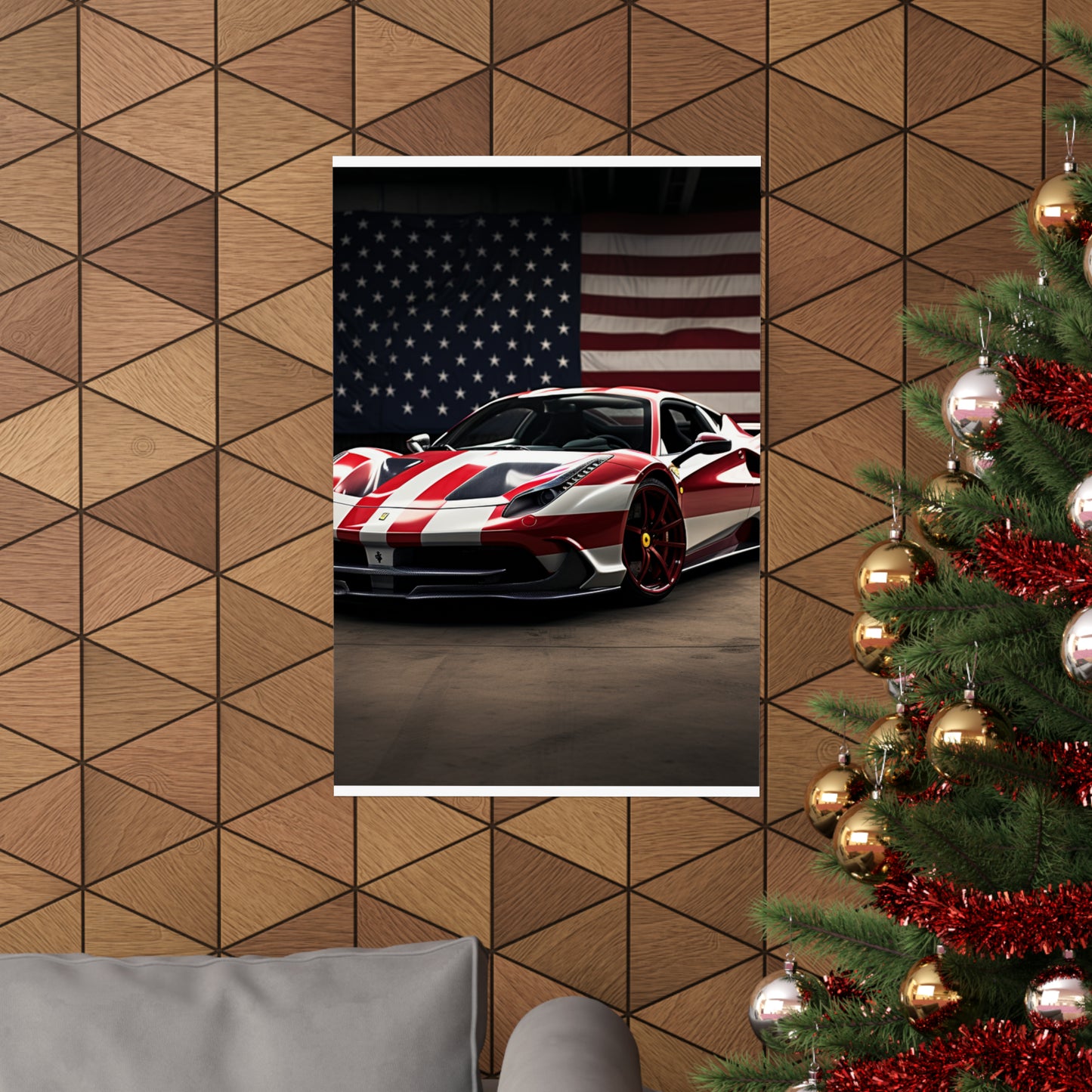 Premium Matte Vertical Posters American Flag Background Ferrari 2